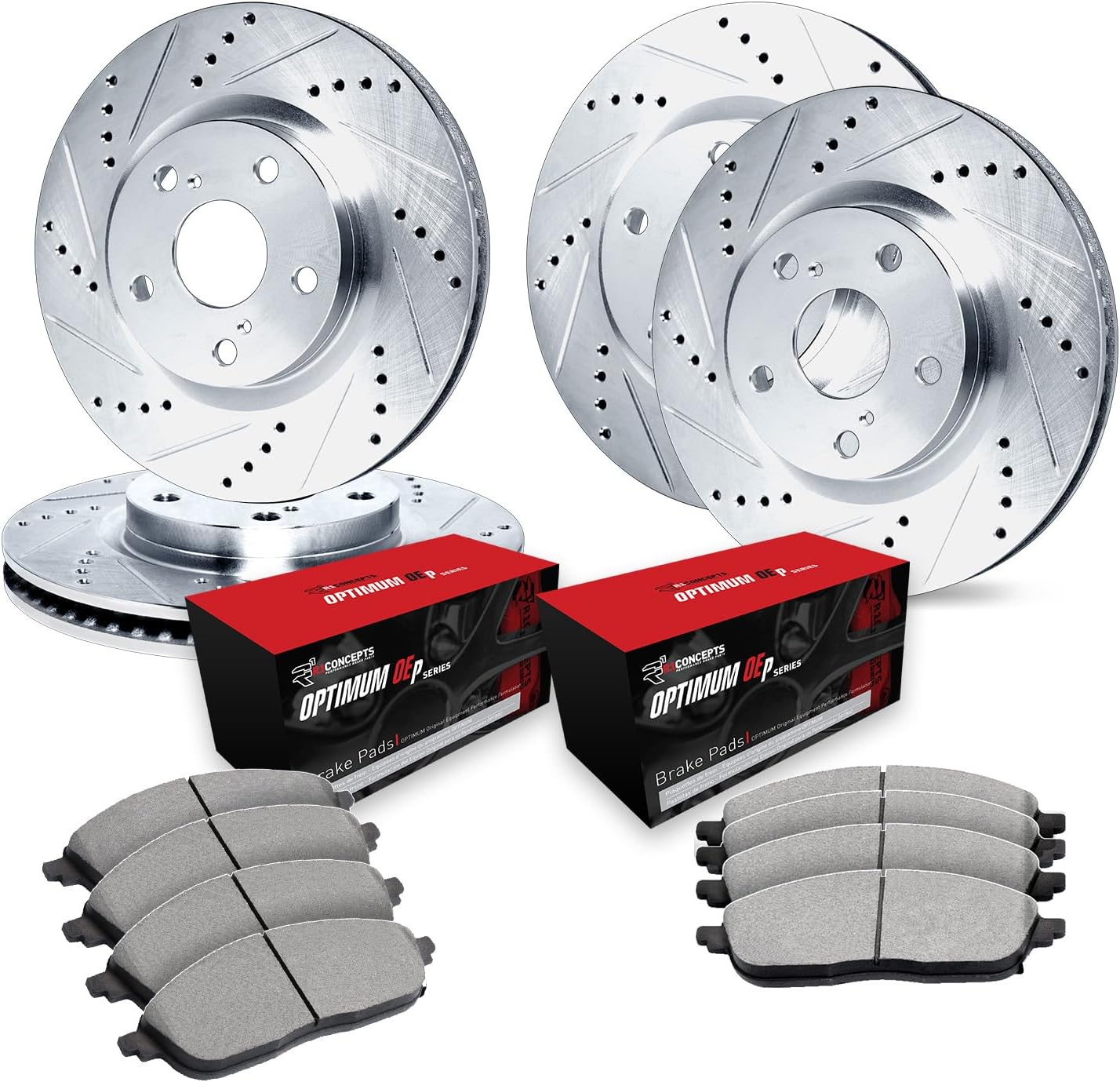 R1 Concepts Front and Rear Brake Kit Fits 2016-2020 Lexus GS; 2015-2021 Lexus RC F| Optimum Oep Brake Pads and Drilled Slotted Brake Rotors| 15.0' Front & 13.6' Rear