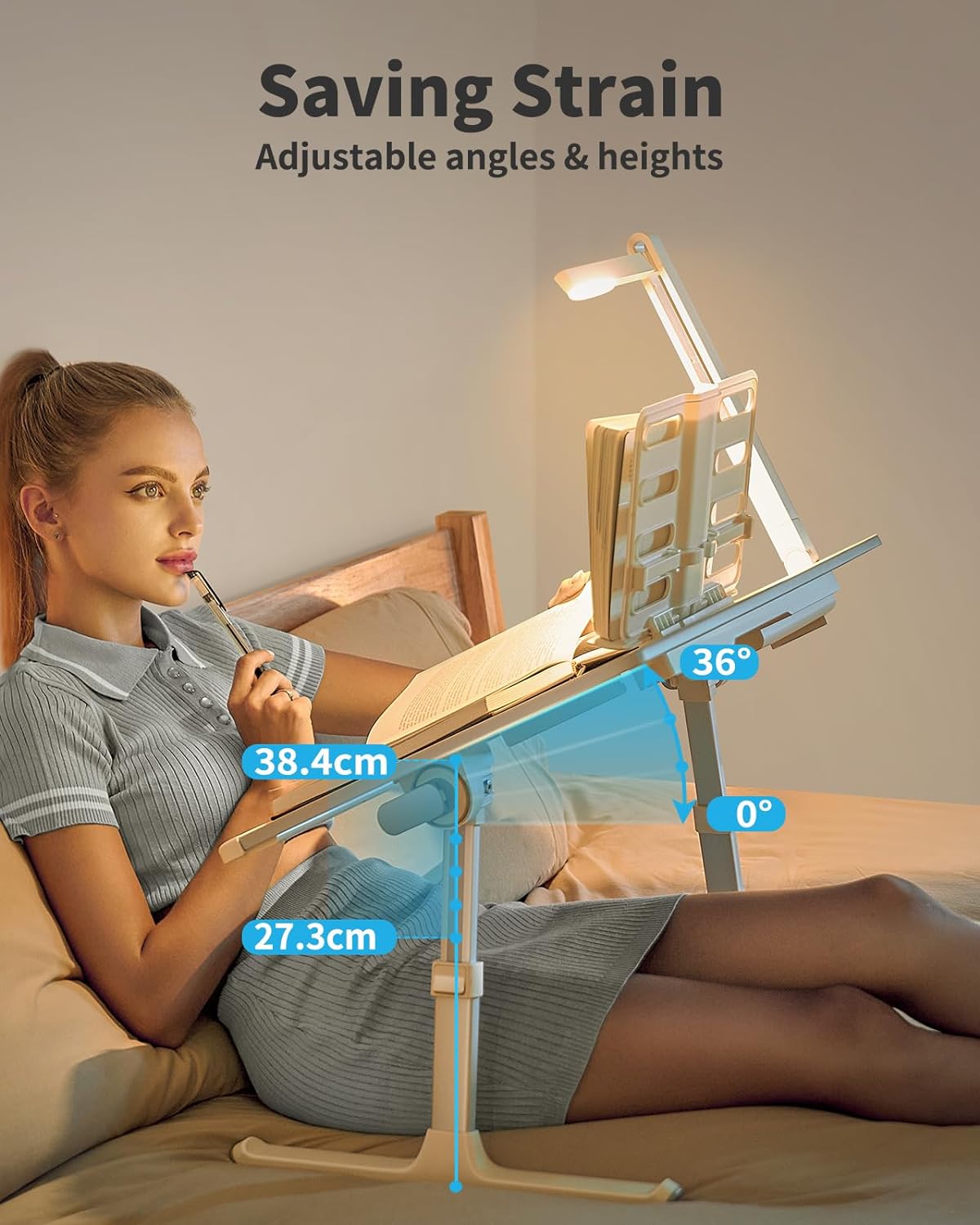 Laptop Bed Tray Desk with LED Desk Lamp, SAIJI Adjustable Laptop Stand for Bed, XX-Large PVC Leather Foldable Table with Book Stand, Wrist Rest, Extra Leg Room for Sofa Couch Floor (Gray)