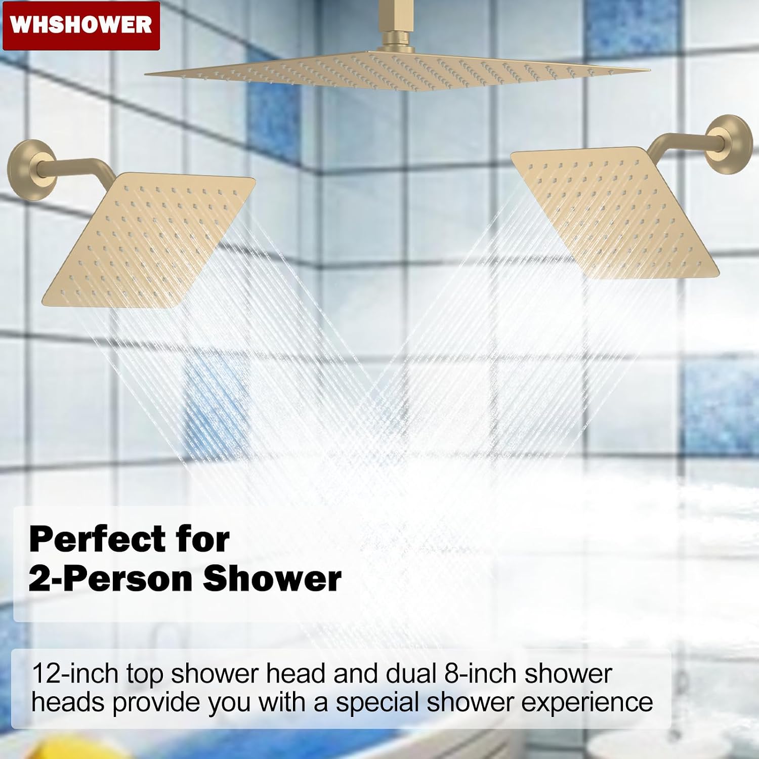 Brushed Gold Triple Shower Heads Shower System with 12'+8'+8' Top Shower Heads, Digital Display Shower Valve, Body Jets and Handheld Shower,Full Body Shower System