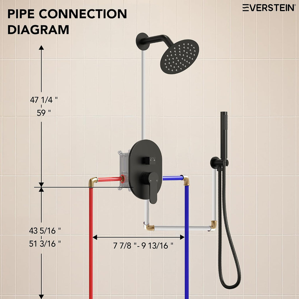 6' High-Pressure Shower System with Handheld Spray, Wall Mount Round Bathroom Shower Faucet Set with Valve (Matte Black)