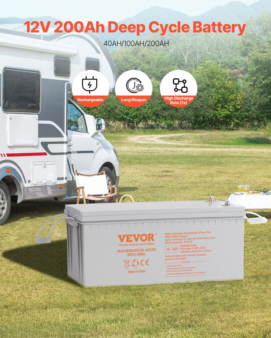 VEVOR Deep Cycle Battery, 12V 200 AH Rechargeable AGM Marine Battery, Designed for RV Solar Off-Grid Use, UPS Backup, Deep Cycle Marine Battery with a Self-Discharge Rate, 1400A Current