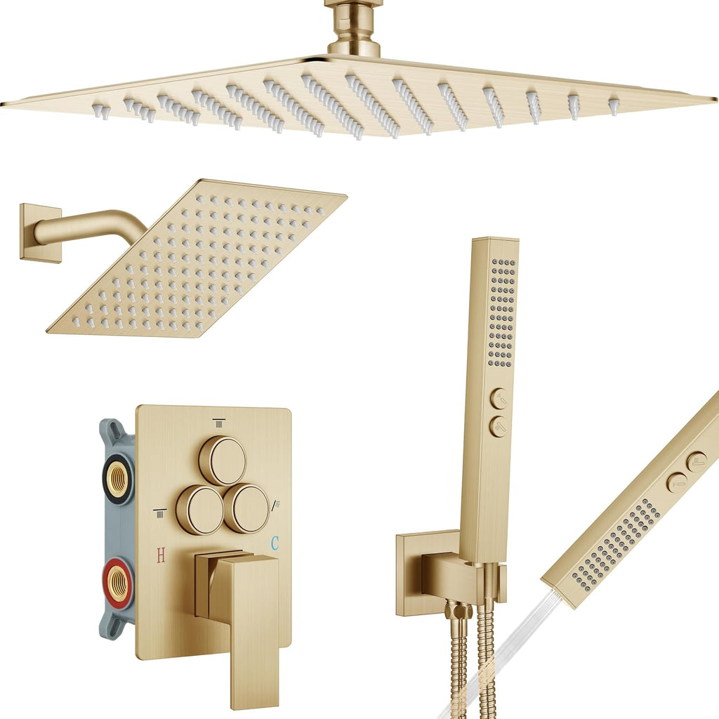 Aolemi Shower Faucet Set Ceiling Mount Shower System Rough-in Valve and Shower Trim Kit 2 in 1 Handheld Spray Push Button Diverter 16 and 6 Inch Dual Shower Head Brushed Gold