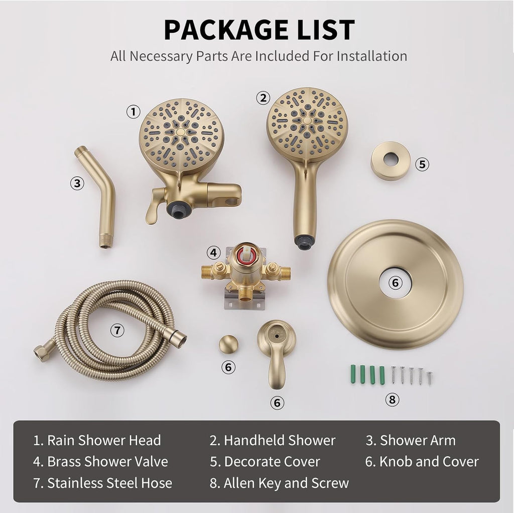Dual Shower Head with Handheld Bathroom Double Shower Heads High Pressure 3-Way Rainfall Combo with SUS304 Hose 7-Setting Showerhead and Hand Held Shower Separately or Together Brushed Gold