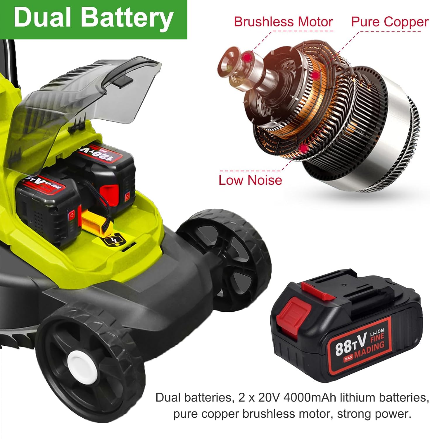 40V Cordless Lawnmower for Lawns up to 1000m², Battery Powered Push Lawn Mower, Dual Battery, 3 Adjustable Cutting Heights, 35L Large Grass Box