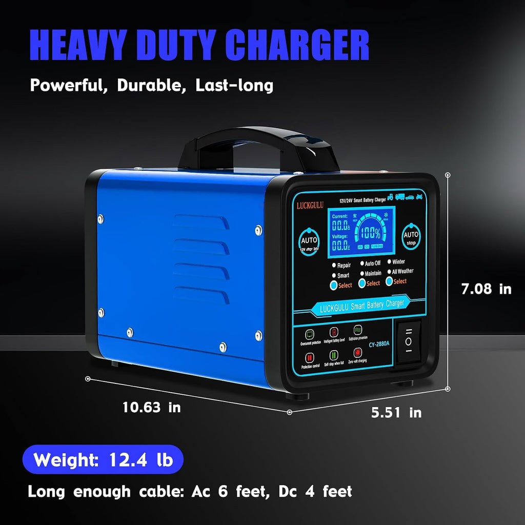 12V/24V Car Battery Chargers Heavy Duty, 15A Automatic Battery Maintainer with Auto Shutoffs, Repair, Winter Mode, High/Low Power Smart Trickle Charger and Desulfator,for Boat,Motorcycle