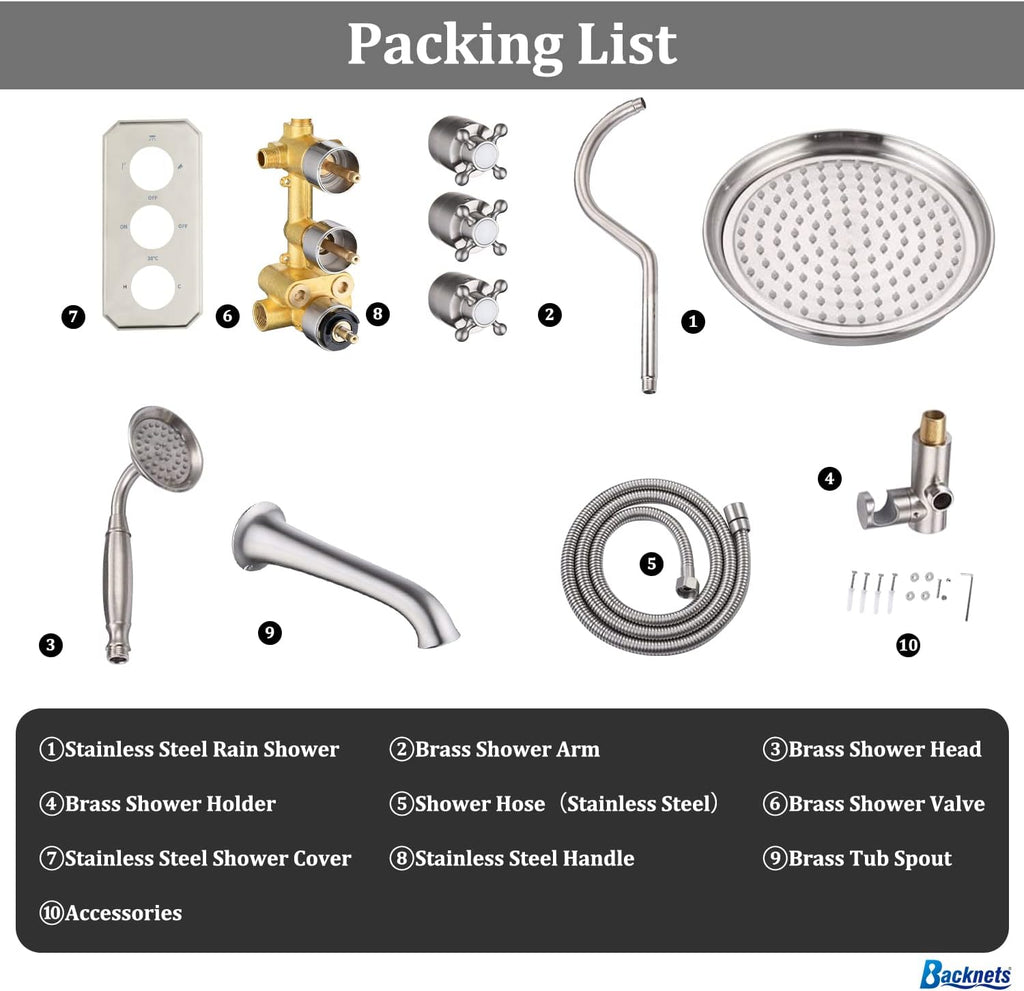 All Metal Thermostatic Shower System with Tub Spout Backnets Wall Mounted Shower Faucet Set for Bathroom with 9 Inch Rain Shower Head and Handheld, Rough-in Valve Body and Trim kit, Brushed Nickel