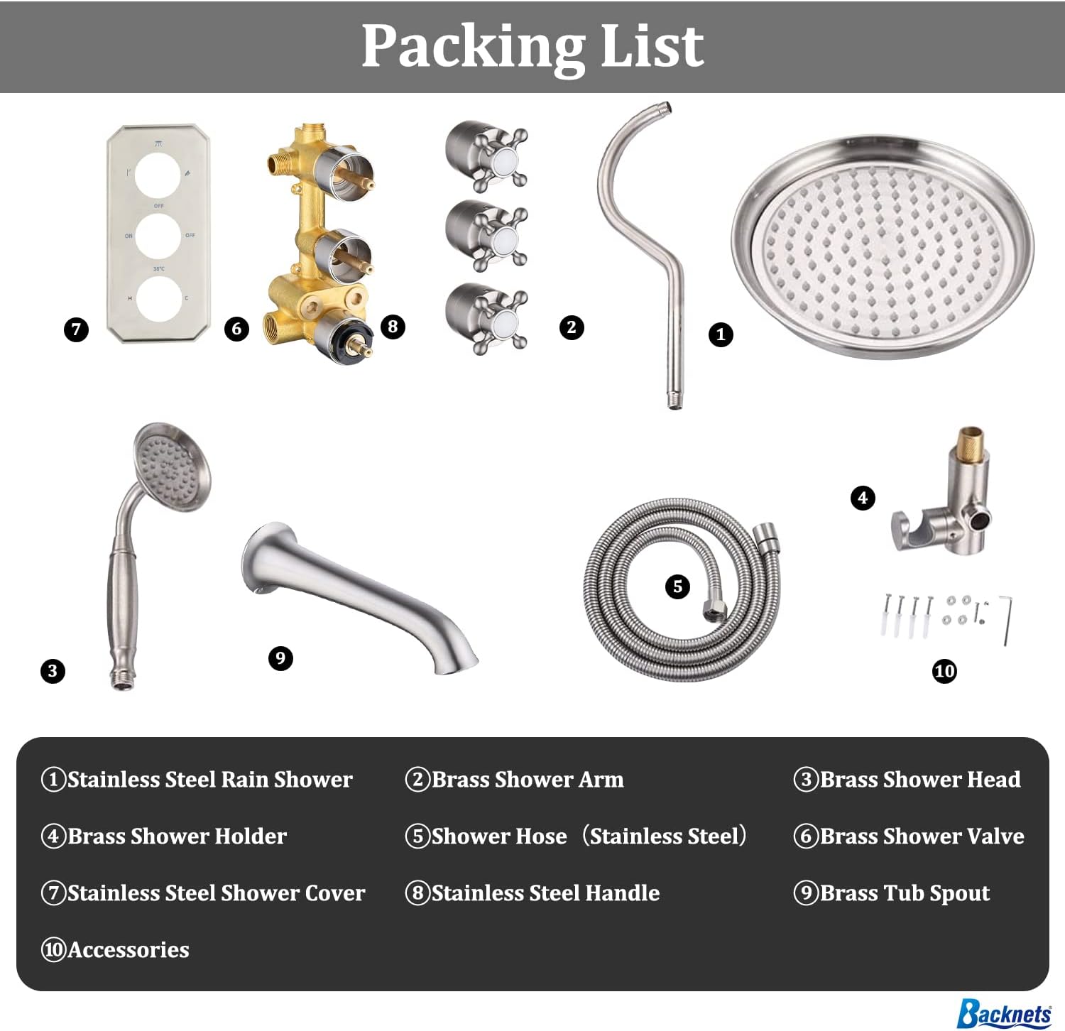 All Metal Thermostatic Shower System with Tub Spout Backnets Wall Mounted Shower Faucet Set for Bathroom with 9 Inch Rain Shower Head and Handheld, Rough-in Valve Body and Trim kit, Brushed Nickel