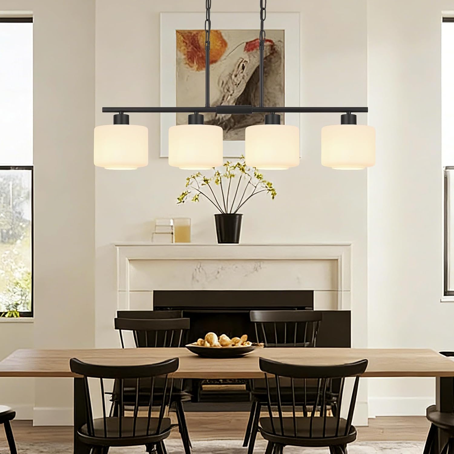 4-Light Kitchen Island Lighting, Modern Black Linear Dining Room Chandelier Light Fixtures with Milk Glass and Chain, Farmhouse Hanging Lights for Kitchen Island Dining Room, OS-YQ8153-4ISBKW