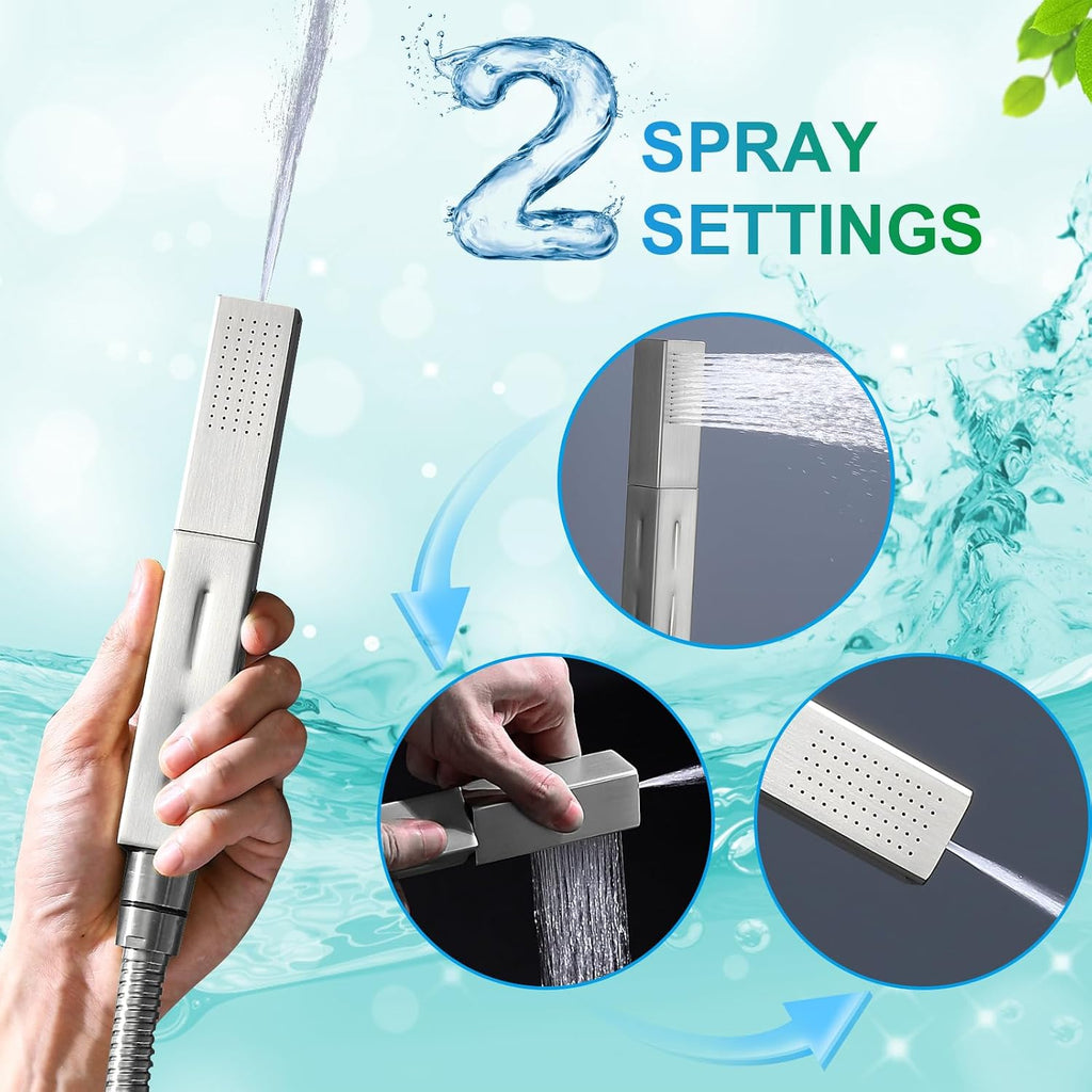Brushed Nickel Dual heads Thermostatic Shower Faucets Set, 4-Way Shower System 14X20Inch LED Rainfall Shower Head with 6inch Wall Mount Showerhead and Dual-mode Handheld, 4 Jets with Shut-Off
