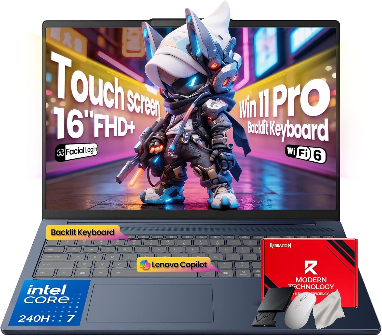 Lenovo IdeaPad Touchscreen Business Laptop - 16 Inch FHD+(1920X1200) - Intel 10-Core 7 240H(Beat Ultra 7 255U) - Facial Login IR Cam - Backlit KB - Win 11 Pro - Redrgon Bundle(64GB DDR5 | 2TB SSD)