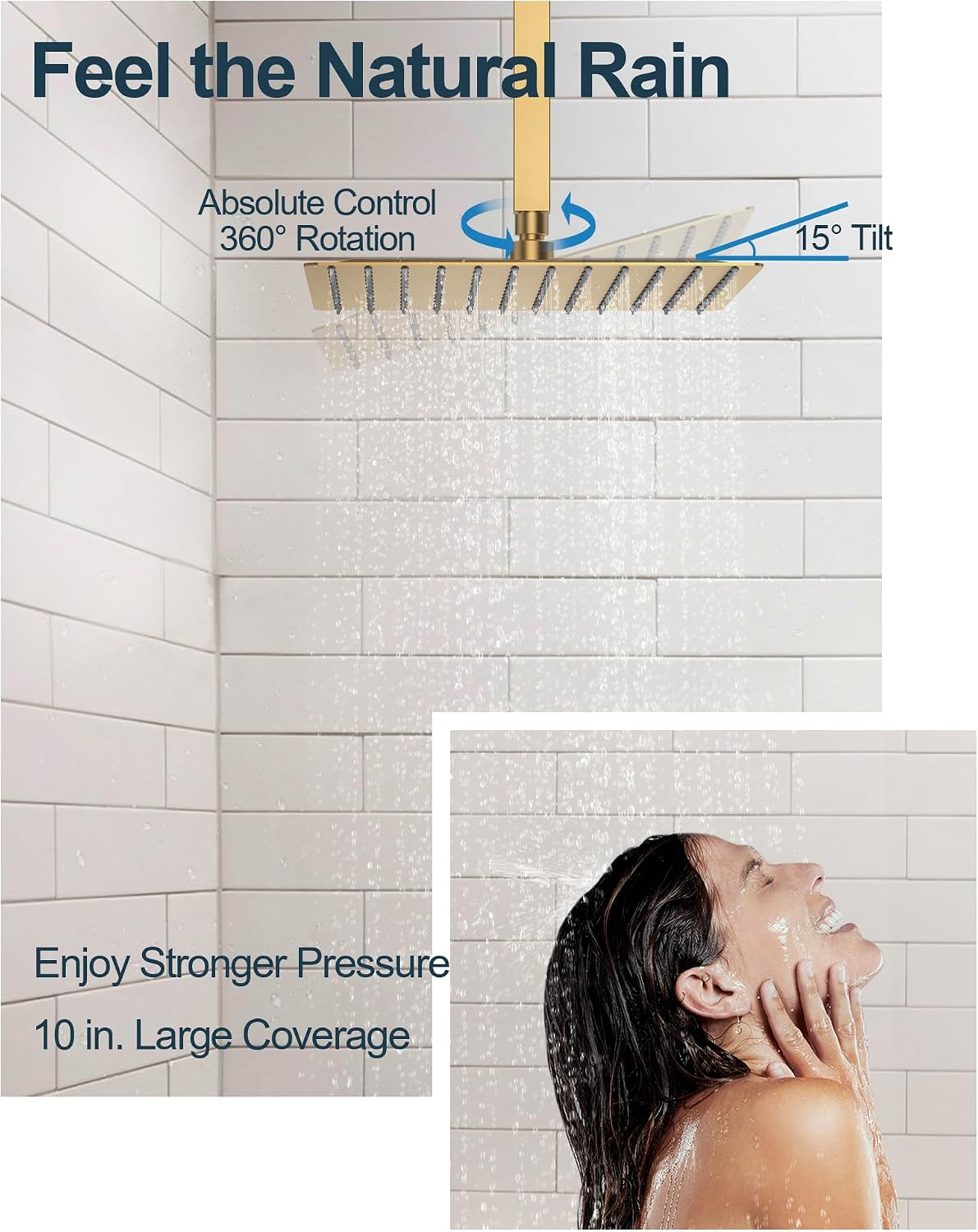 Brushed Gold 3-Function Shower System with 10' Rainfall & 6' Secondary Shower Head, Handheld Combo Set, Wall Mounted cUPC Certified Pressure Balance Valve