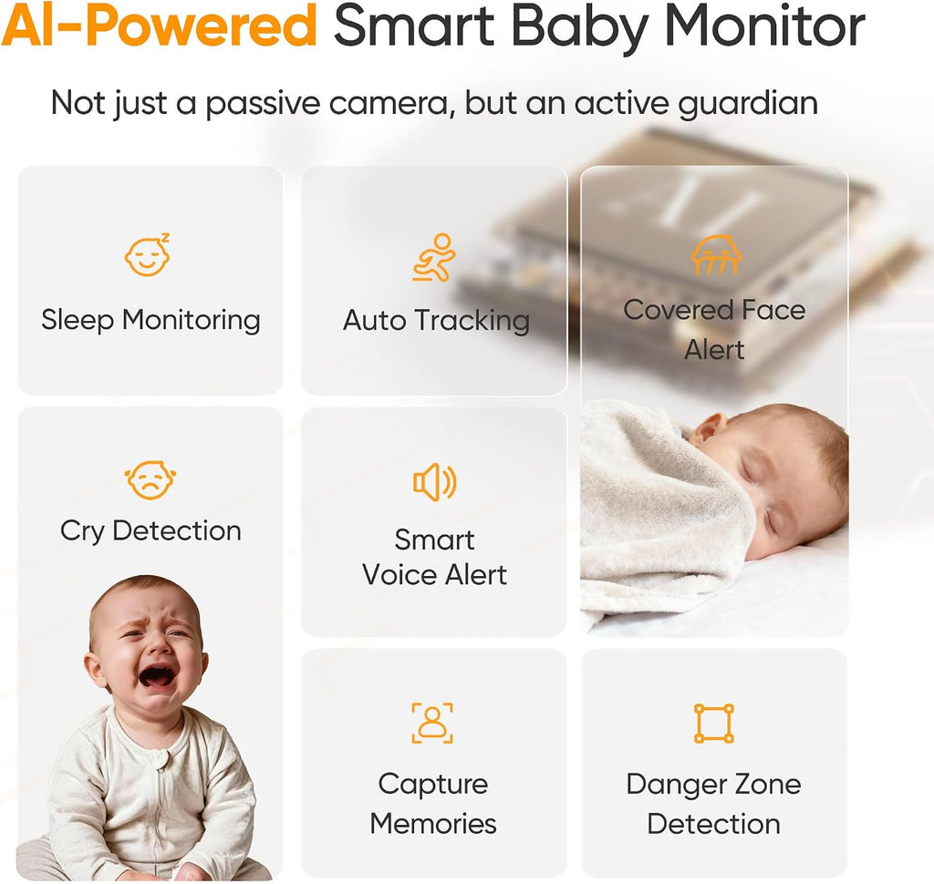 Monai Smart WiFi Baby Monitor - 3K HD Baby Camera with 7 AI Features, Pan-Tilt, 6X Zoom & Eye-Safe 950nm Night Vision, Instant Alerts for Cry/Sound/Sleep/Face, Local Storage, No Monthly Fee