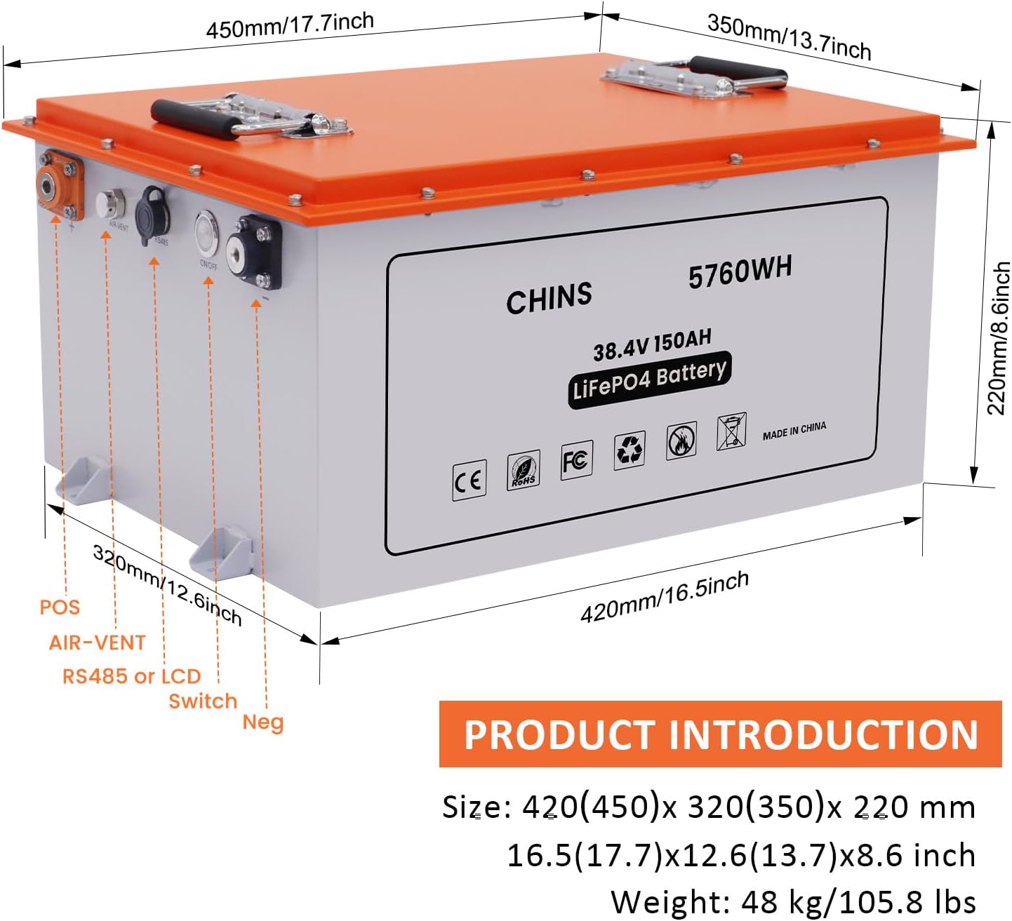 CHINS Smart 36V 150AH Bluetooth LiFePO4 Battery Lithium Battery Perfect for Golf Cart, Trolling Motor, Marine, Built-in 200A BMS, Includes 36V 25A Charger and Battery Monitor, Peak Current 1000A