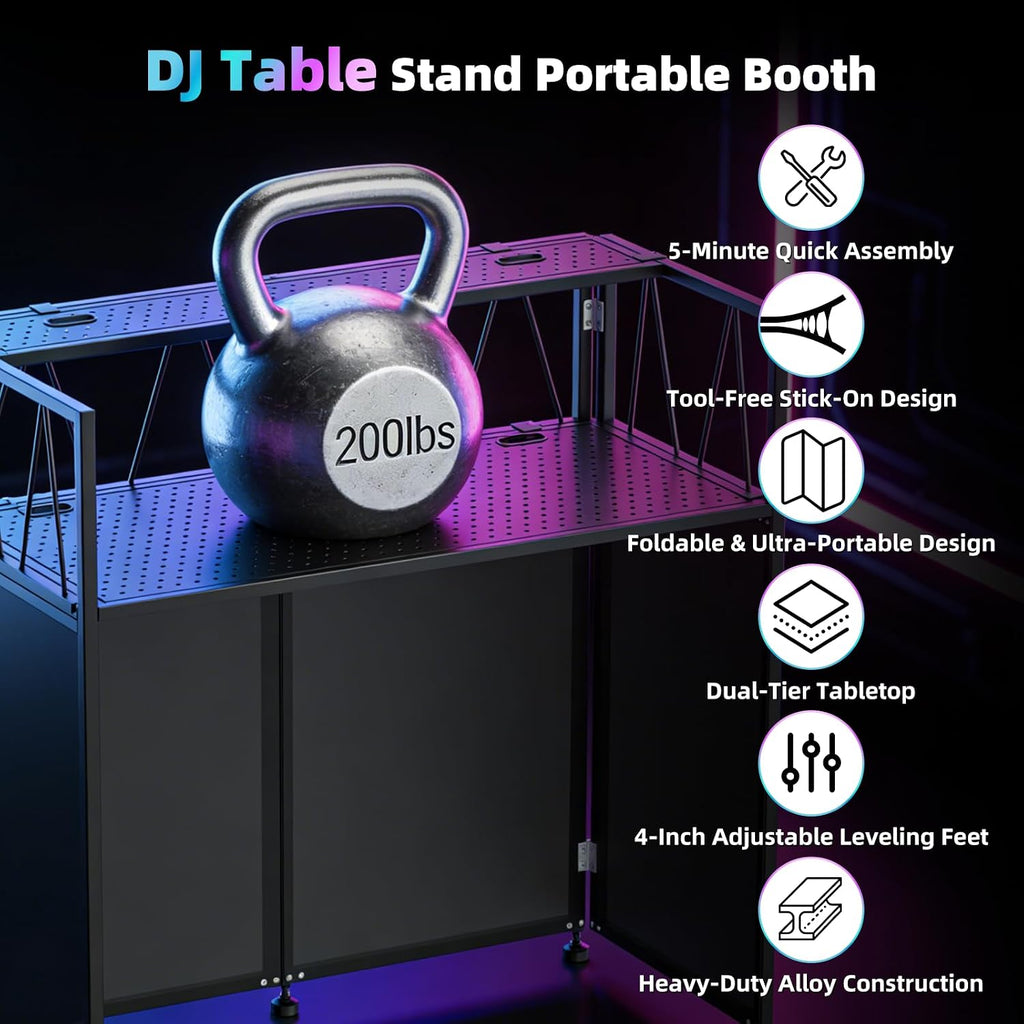 Portable DJ Table Stand, Tool-Free Setup Foldable 40' x 20' DJ Stand Booth w/ 2 Top Trays, Black & White Scrims, 4IN Adjustable Leveling Feet, 5 Cable Holes and Carry Bag, for Parties, Events, Studios