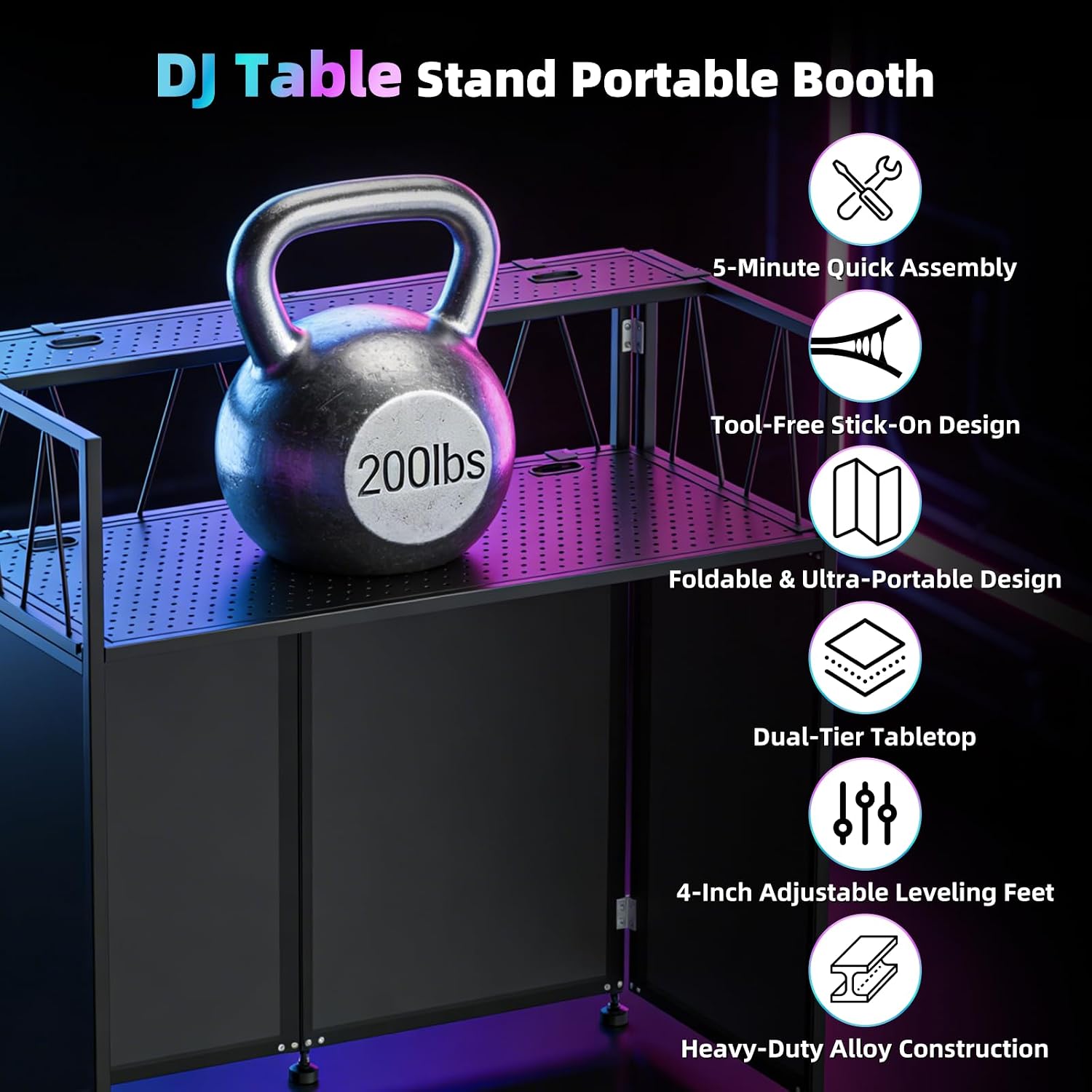 Portable DJ Table Stand, Tool-Free Setup Foldable 40' x 20' DJ Stand Booth w/ 2 Top Trays, Black & White Scrims, 4IN Adjustable Leveling Feet, 5 Cable Holes and Carry Bag, for Parties, Events, Studios