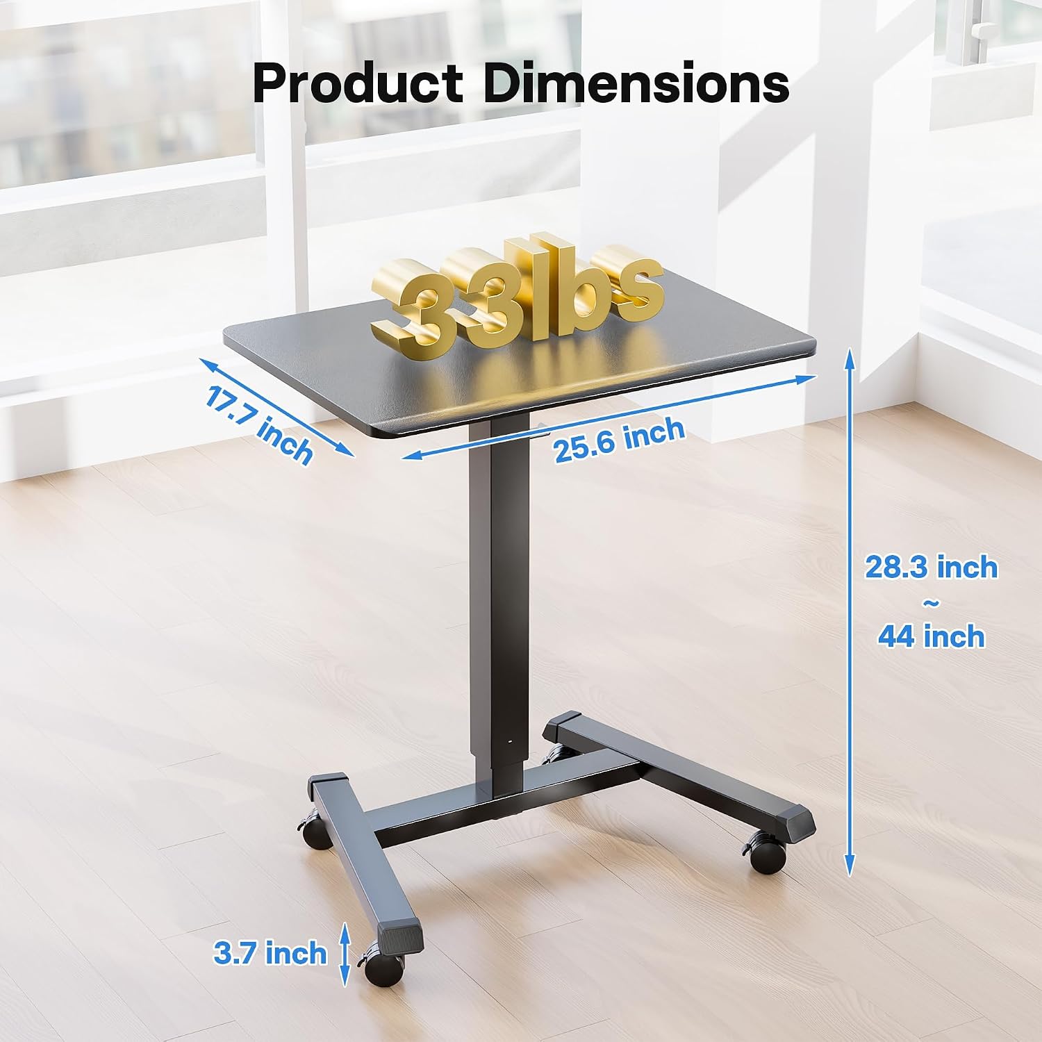 BONTEC Mobile Standing Desk Adjustable Height, Rolling Laptop Cart with Hook, Portable Workstation with Pneumatic Lift, Ergonomic Table with Wheels, Compact Home Office Desk, Black 25.6' x 17.7'
