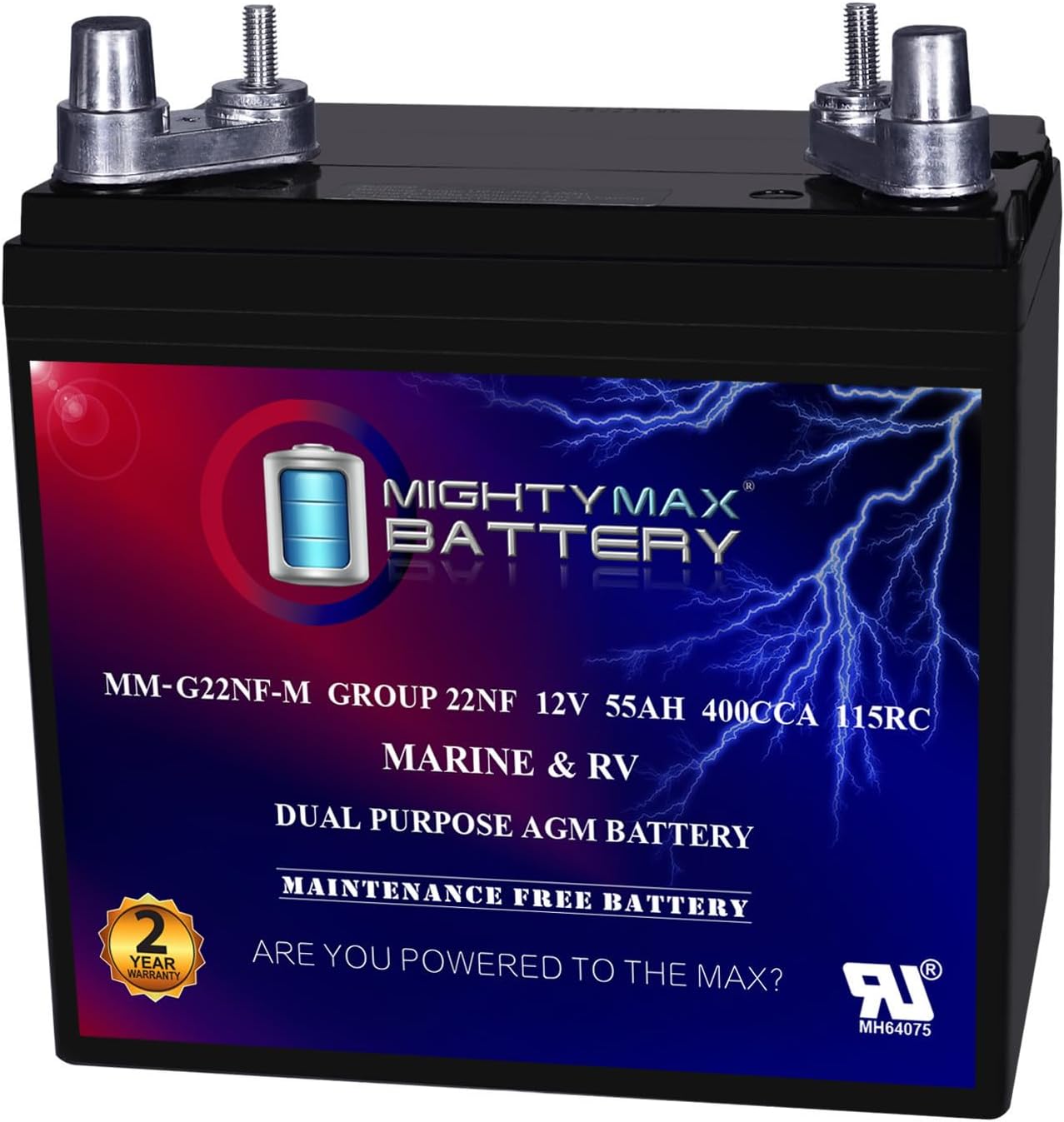 Mighty Max Battery MM-G22NF-M - 12 Volt 55 AH, Marine Post Terminal, Rechargeable SLA AGM Battery