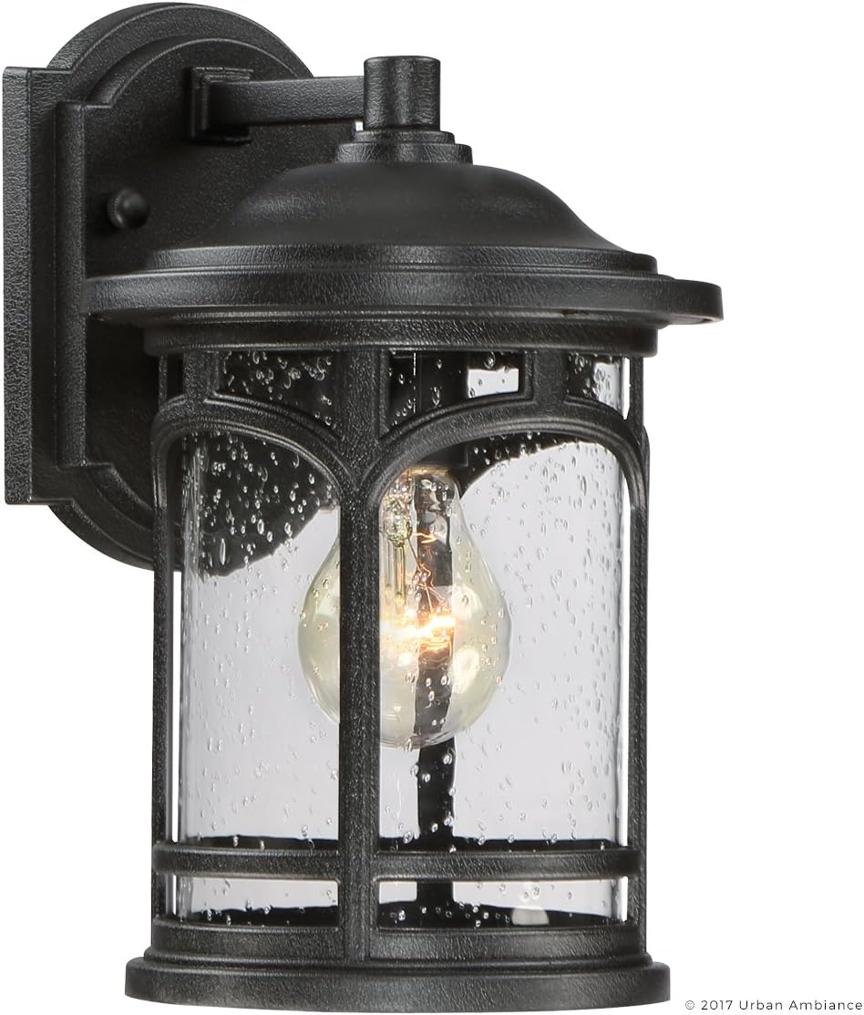 Urban Ambiance Luxury Rustic Outdoor Wall Light, Small Size: 11' H x 7' W, with Colonial Style Elements, Wrought Iron Design, High-End Black Silk Finish and Seeded Glass, UQL1100