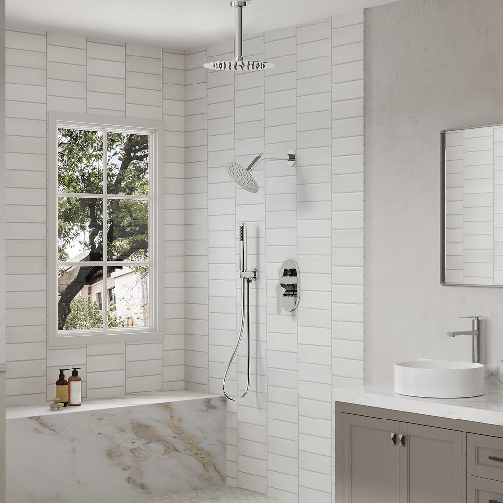 Ceiling Mount 10' High-Pressure Rainfall Shower Faucet, Dual Rainfall Shower Head System with Valve (Polished Chrome)
