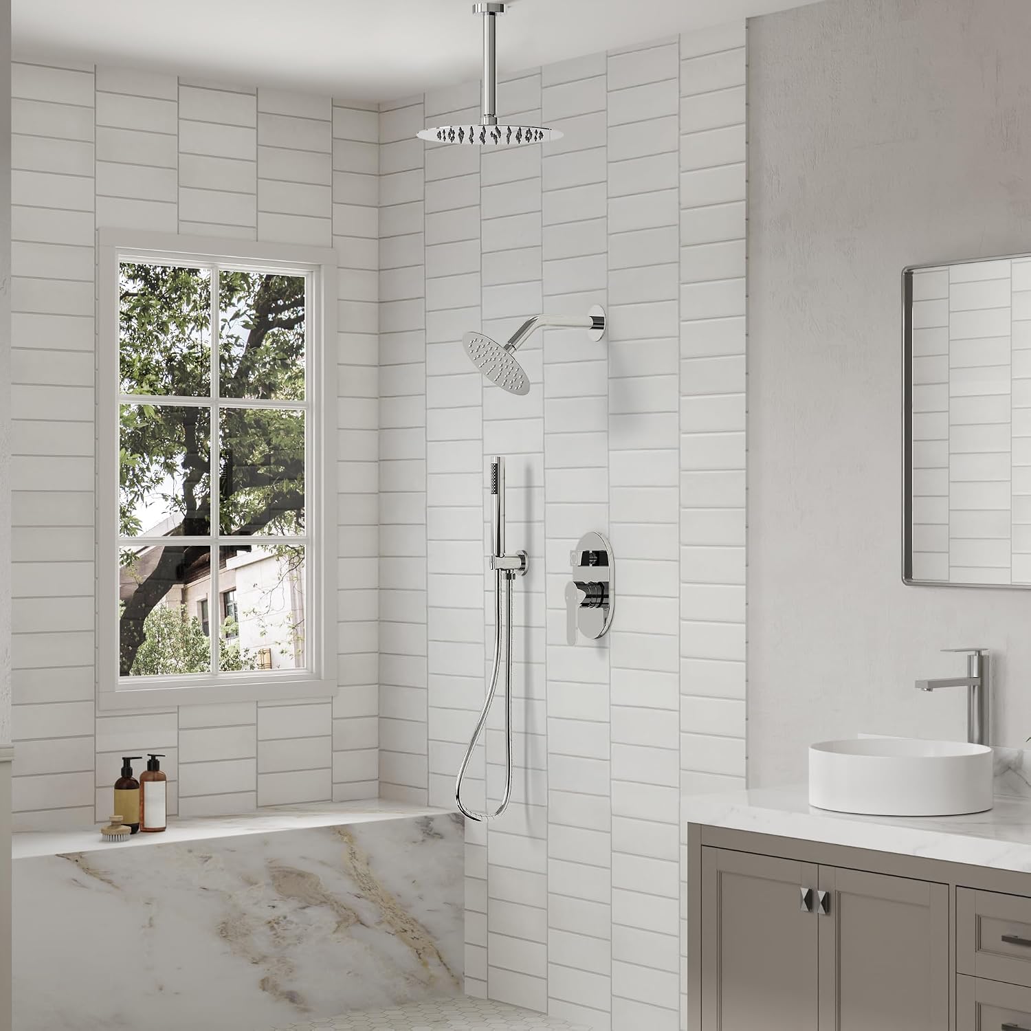 Ceiling Mount 10' High-Pressure Rainfall Shower Faucet, Dual Rainfall Shower Head System with Valve (Polished Chrome)