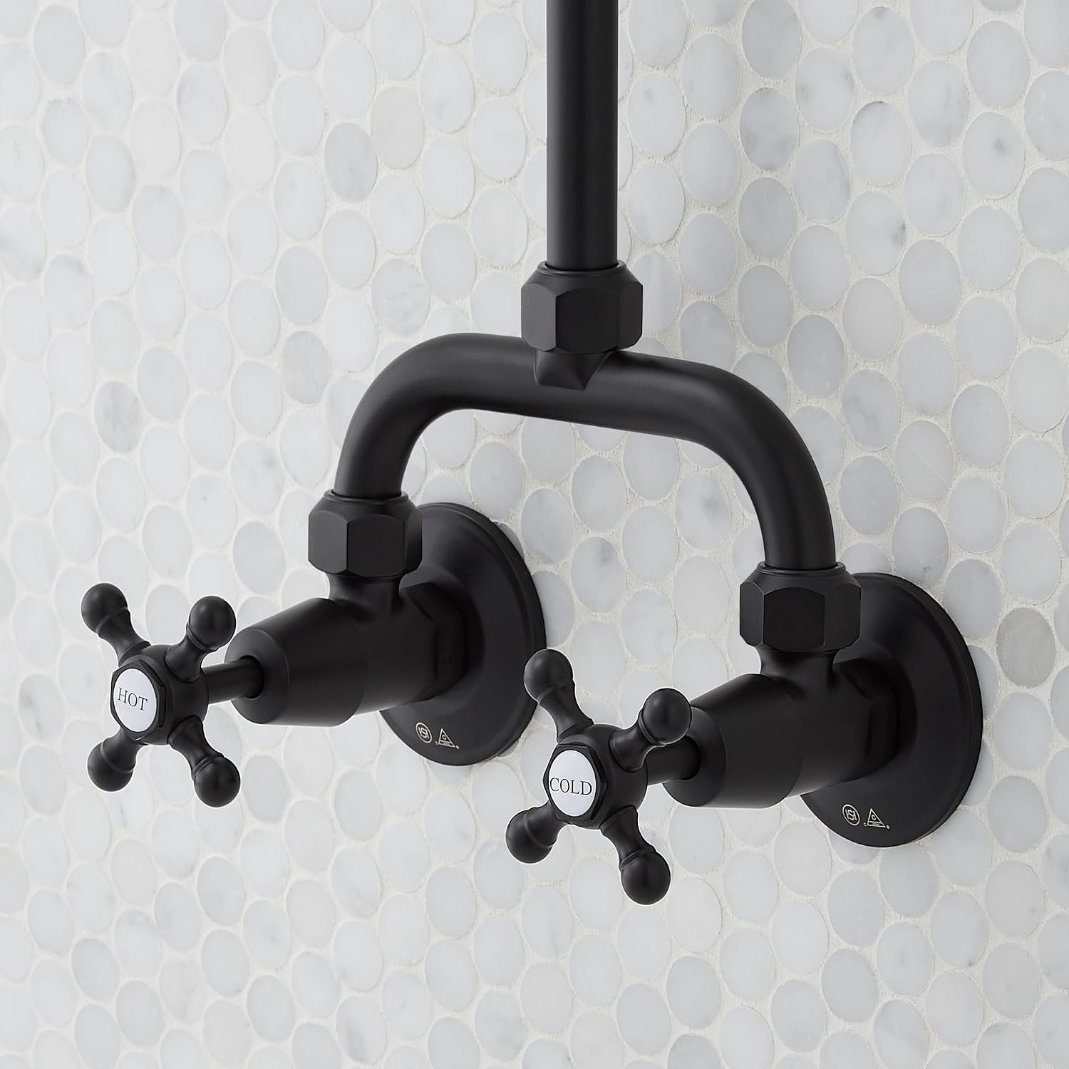 Signature Hardware 922235 Baudette Exposed Pipe Shower System with Rainfall Shower Head, Shower Arm, and Cross Handles - Brushed Gold