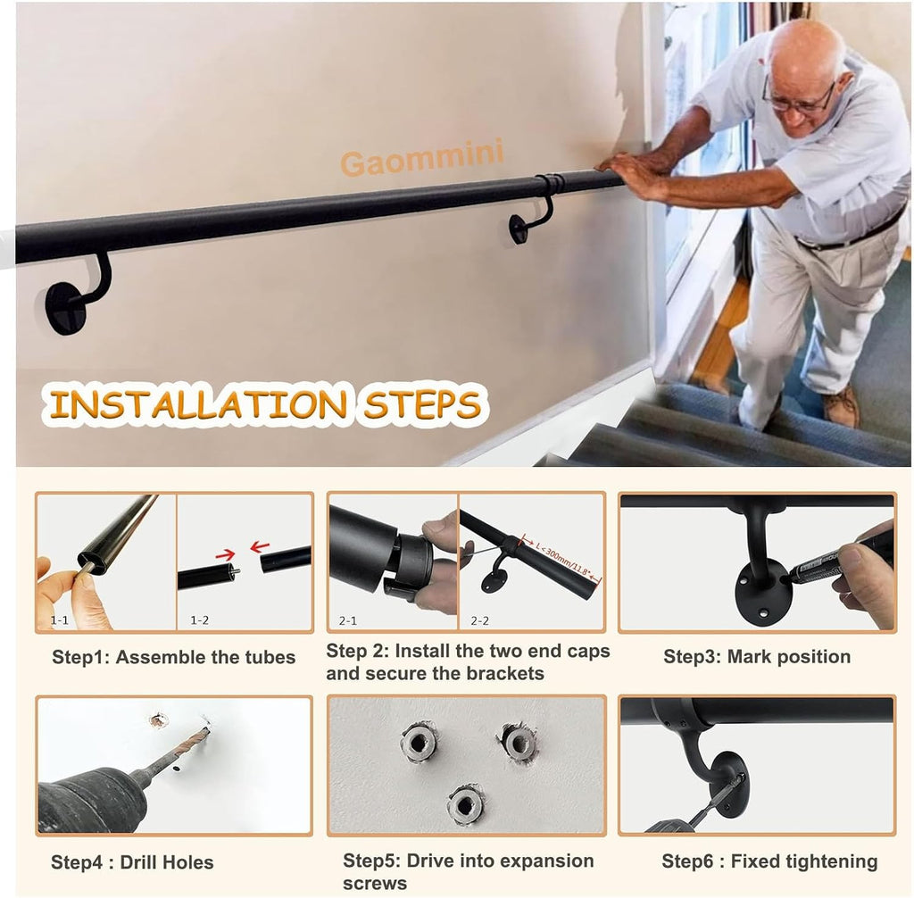 Wall Handrail for Indoor Stairs Railing Wrought Iron Outdoor Grab Bar Railing Safety Non-Slip Handrails Railing for Home Bathroom Corridor Decking, Black(12ft/360cm)