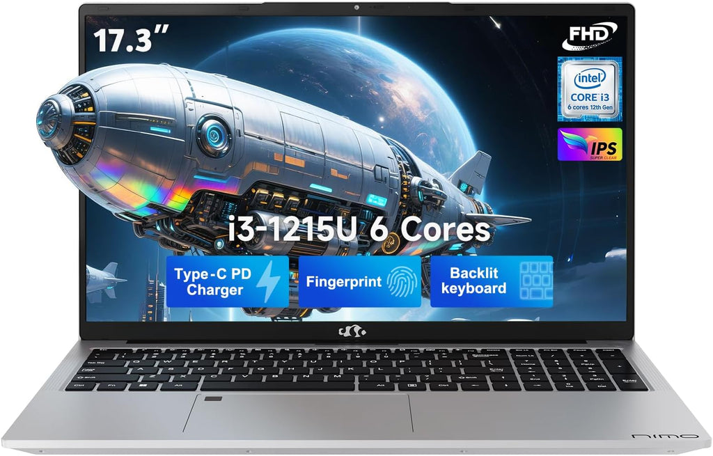 NIMO 17.3' IPS FHD Laptop, Intel 6 Cores i3-1215U 16GB RAM 512GB SSD (Beat Ryzen 5 7520U, Up to 4.4GHz) Computer with 65W Type C Backlit Keyboard Fingerprint, for Home Student and Business