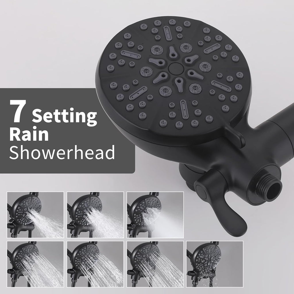 Dual Shower Head with Handheld Bathroom Double Shower Heads High Pressure 3-Way Rainfall Combo with SUS304 Hose 7-Setting Showerhead and Hand Held Shower Separately or Together Matte Black