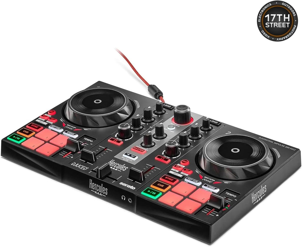 Hercules DJ Controller Inpulse 200 MK2-2 Deck USB DJ Controller with Over-Ear Headphones, On-Stage Laptop Stand, Waith DJ Controller Hard Carrying Case and Waith Cleaning Cloth (Bundle Set)