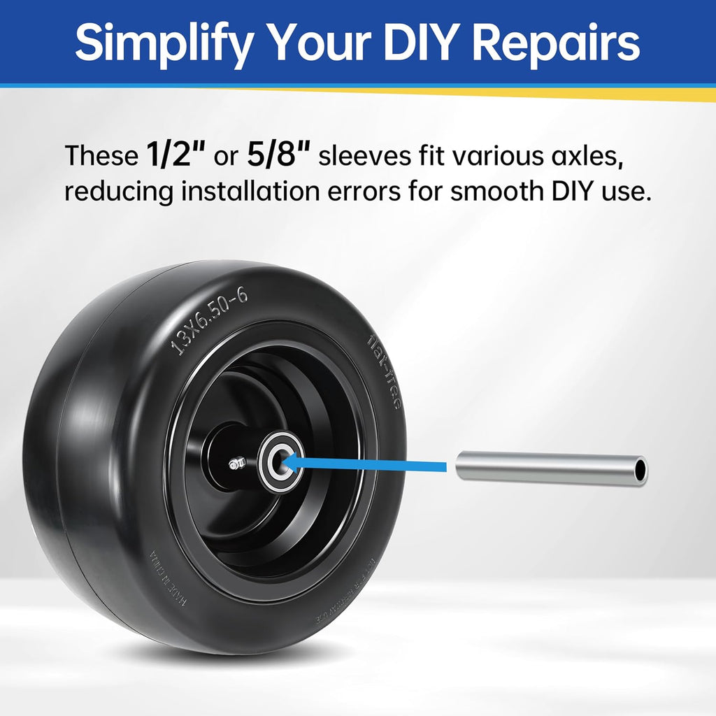 2 Pcs 13x6.50-6 Flat Free Lawn Mower Tire and Wheel, with 3/4' Bearings & Extra 1/2' & 5/8' Sleeves, 5.5'-7.88' Centered Hub, 13x6.5-6 Solid Smooth Front Tire for Zero Turn Lawn Mowers, 500lbs Load