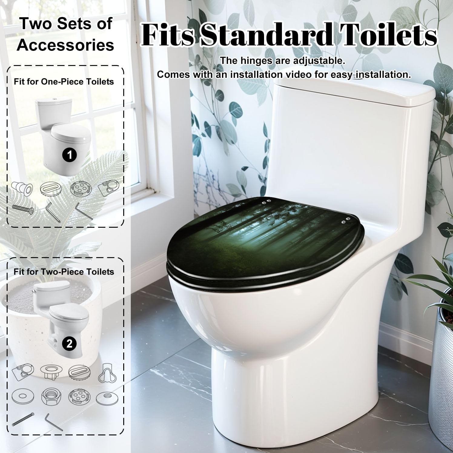 Elongated Toilet Seat green forest fog morning Resin Toilet Seat Slow Quiet Close Lid with Quick-Release Hinges Cover Bumpers Easy to Clean Install