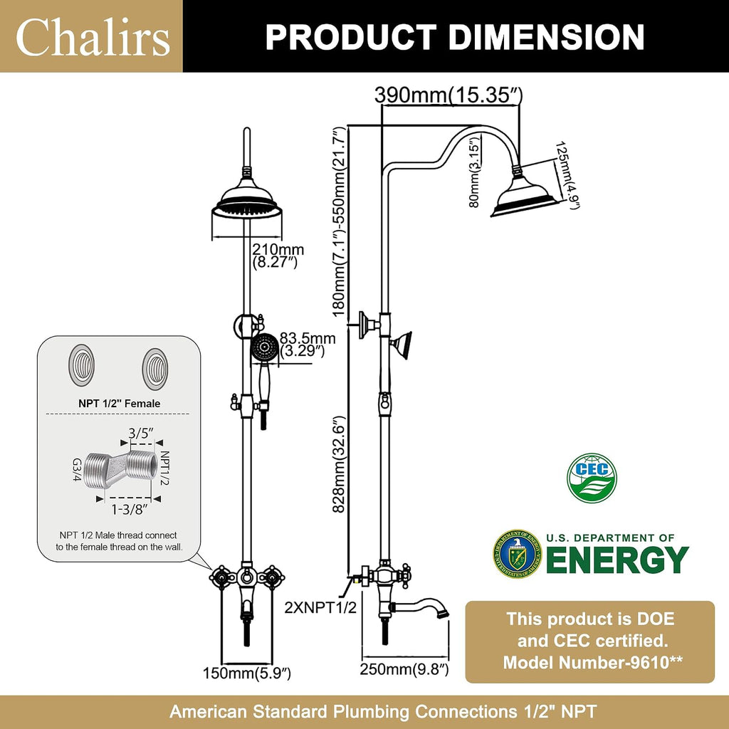 Exposed Shower System Brushed Gold,Antique Brass Shower Faucet with 8 Inches Rainfall Shower Head,Vintage Outdoor Shower Fixture with Foldable Tub Spout,Outdoor Shower Kit for Backyard Poolside