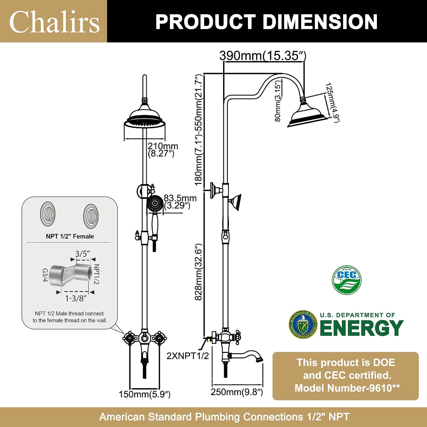 Exposed Shower System Matte Black,Antique Outdoor Shower Faucet with 8 Inches Rainfall Shower Head,Vintage Outdoor Shower Fixture with Foldable Tub Spout,Outdoor Shower Kit for Backyard Poolside