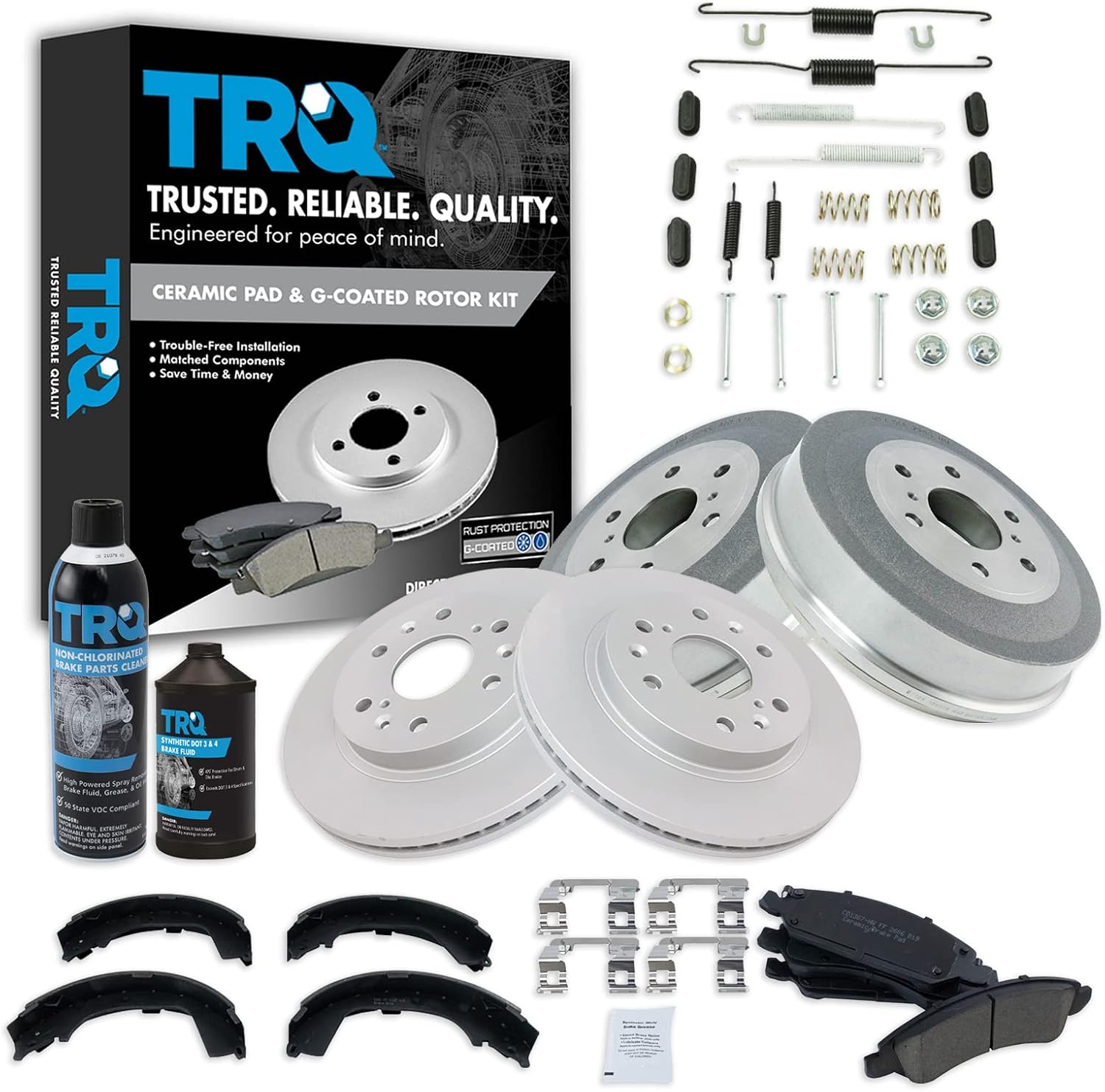 TRQ Front Ceramic Brake Pad Coated Rotor Rear Drum Shoe & Hardware Kit w/Fluids Compatible with 2009-2013 Chevrolet Silverado 1500 GMC Sierra 1500