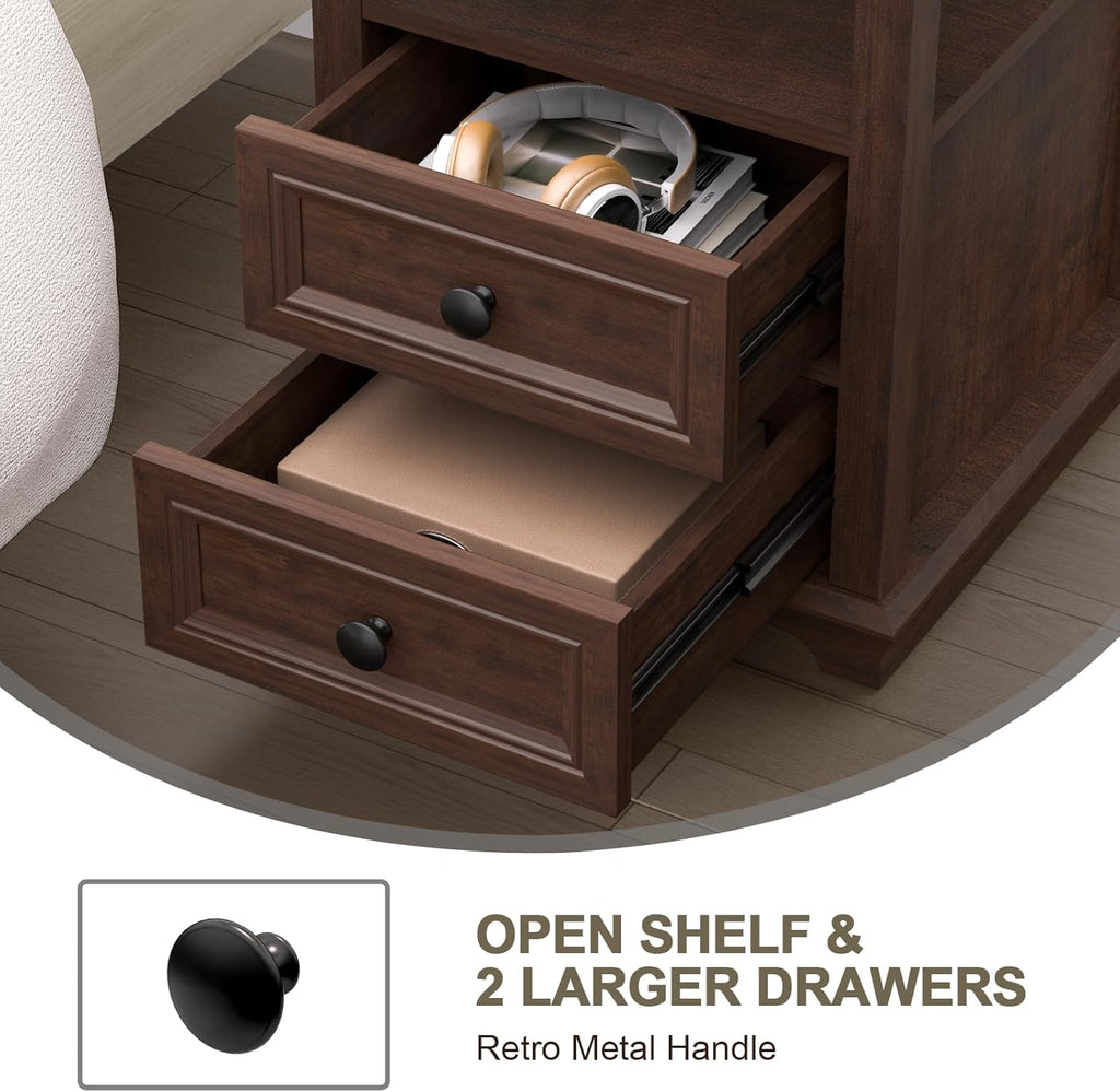 REDAYFUR 24' Tall End Table with Charging Station, Double 18W Fast Charge, Large 18' Bedside Table with Drawers, Rustic Wood Storage Cabinet with Open Shelf for Bedroom, Cherry