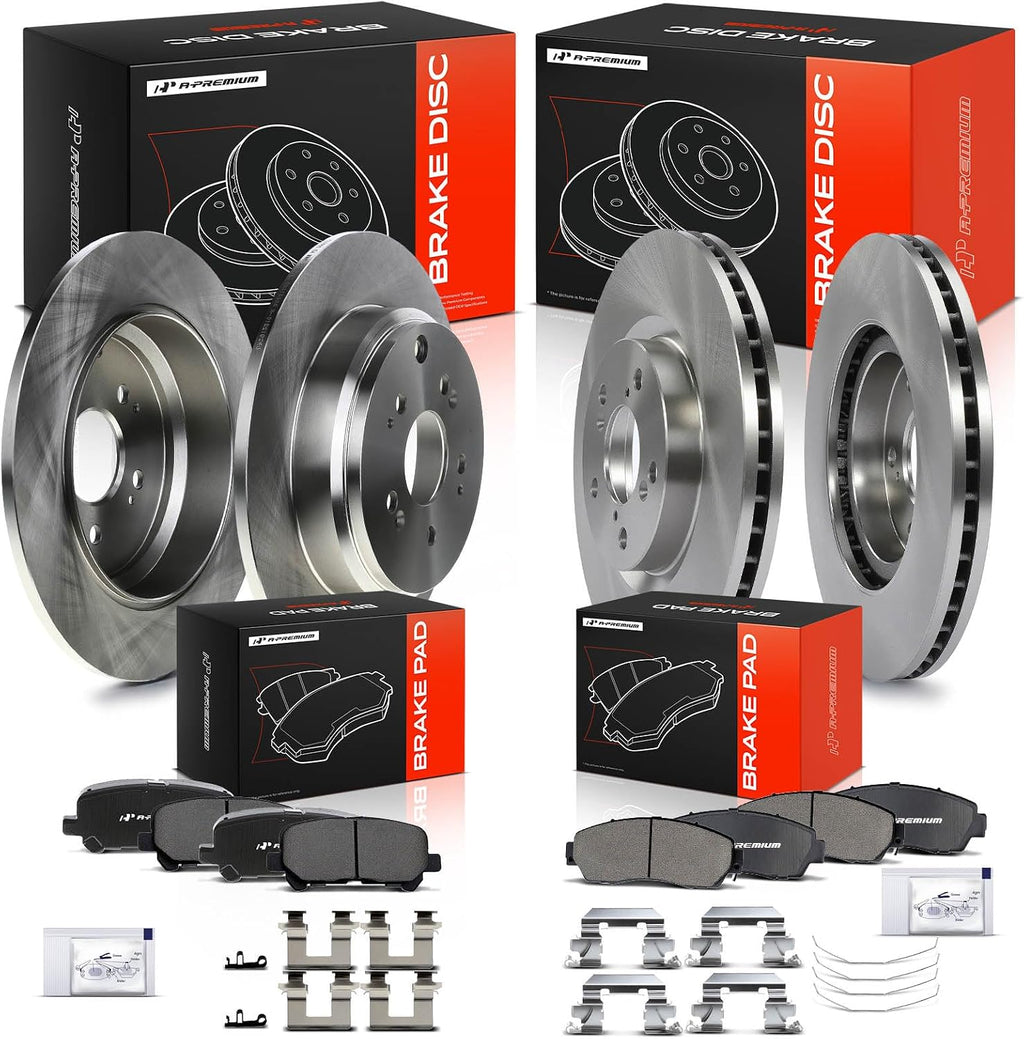 A-Premium Front Vented & Rear Solid Disc Brake Rotors + Ceramic Pads Kit Compatible with Select Honda Models - Accord 2003 2004 2005 2006 2007, 2.4L, 4-Wheel Disc Brakes, 12-PC Set