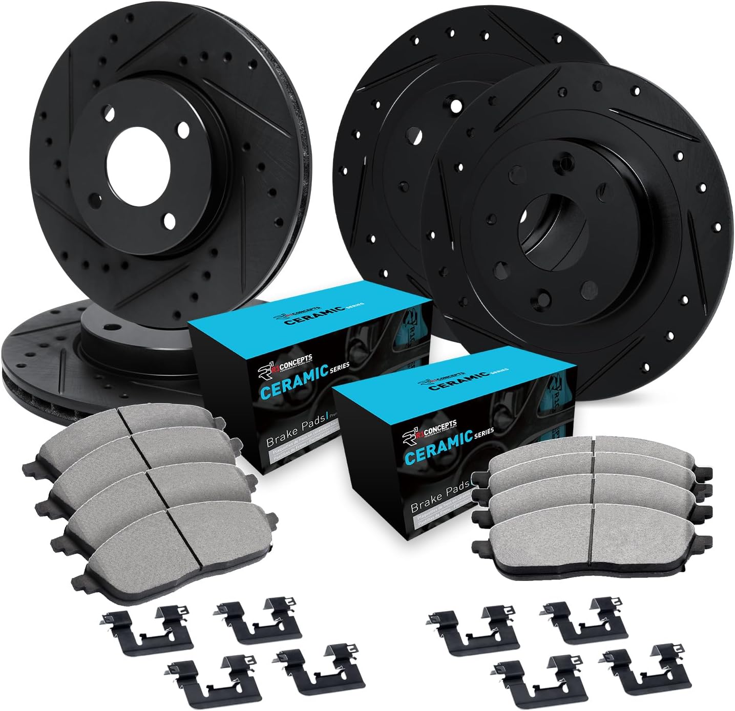 R1 Concepts Front and Rear Brake Kit Fits 1994-2001 Acura Integra; 1993-1995 Honda Civic| Ceramic Pads, Drilled Slotted Rotors| Hardware| 10.3' Front & 9.4' Rear