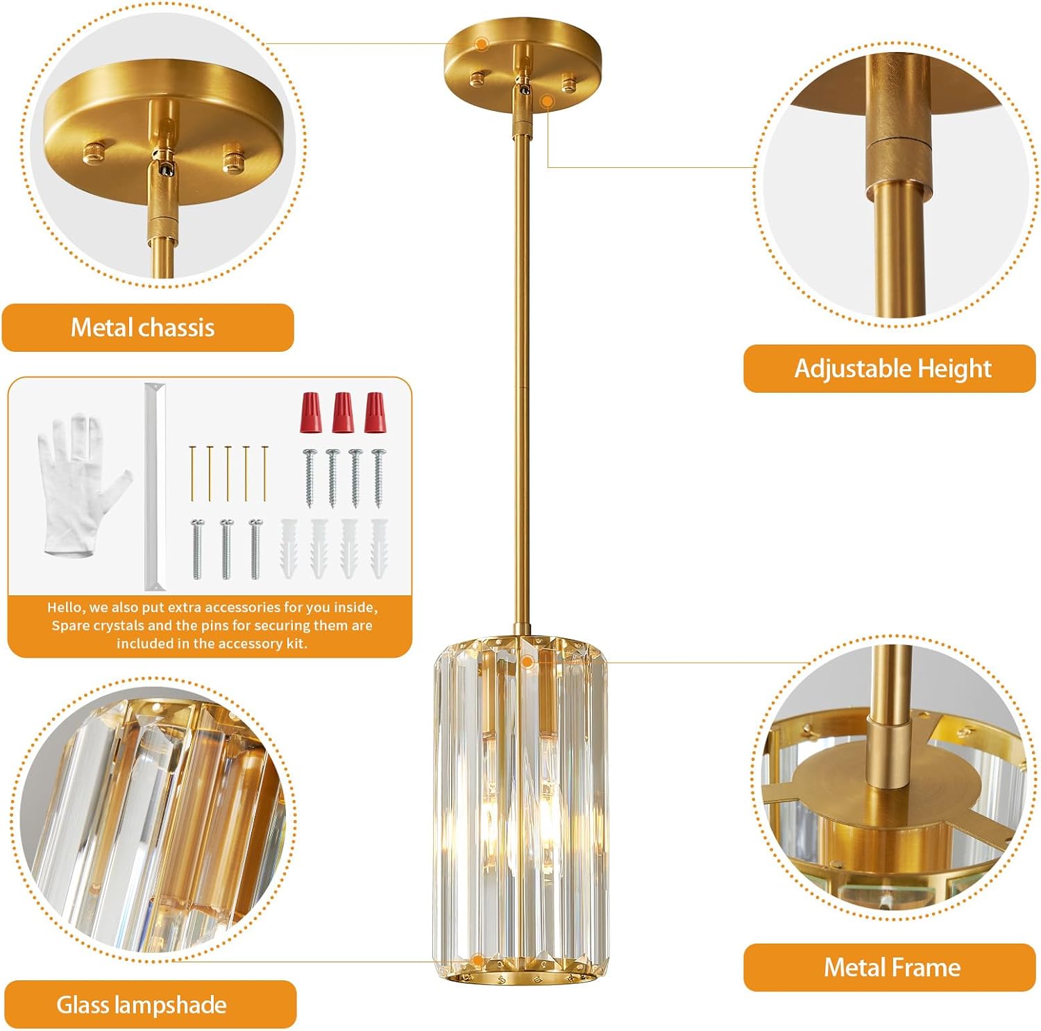 Gold Pendant Lighting Modern Pendant Light Mini Crystal Chandeliers Adjustable Pendant Light Fixture for Kitchen Island Dinning Room Corridor Bedroom(Gold 2-Pack)