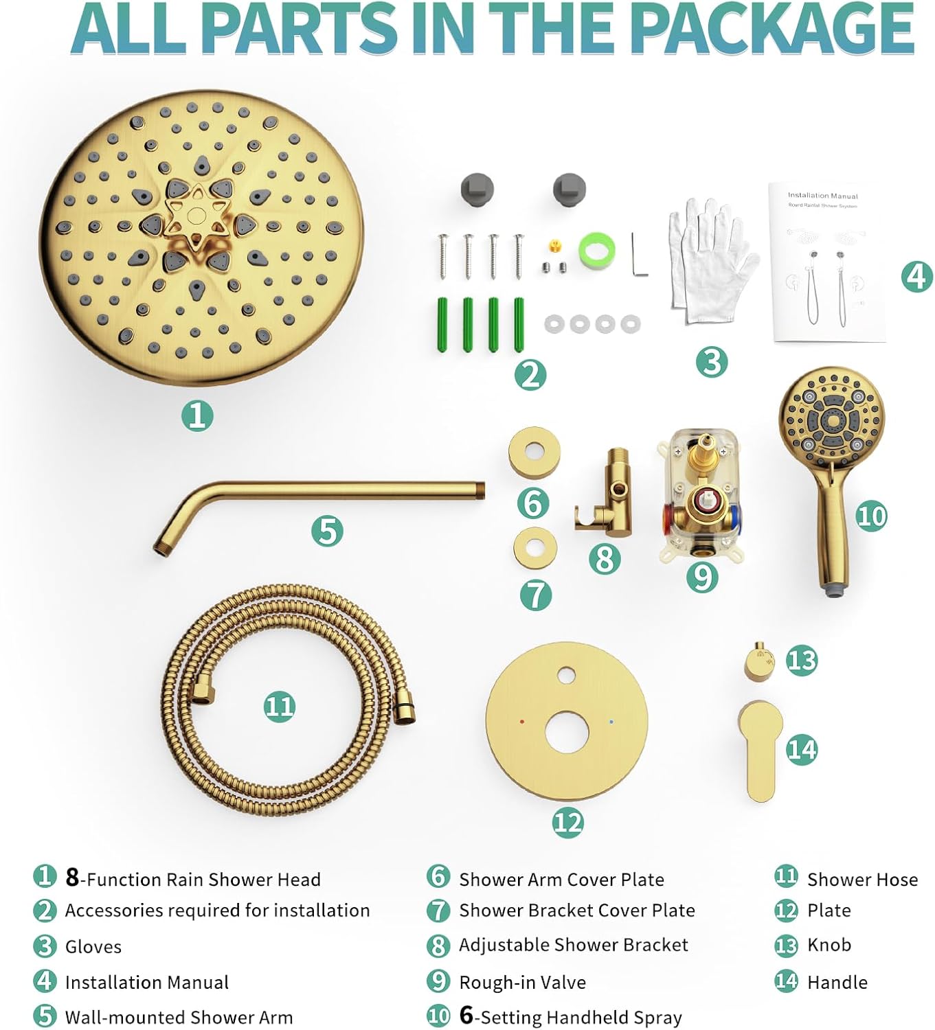 SR SUN RISE Shower Faucet - 10 Inch Multifunctional High Pressure Shower Head System with Handheld Shower Head Fixtures - Valve Included - Brushed Gold