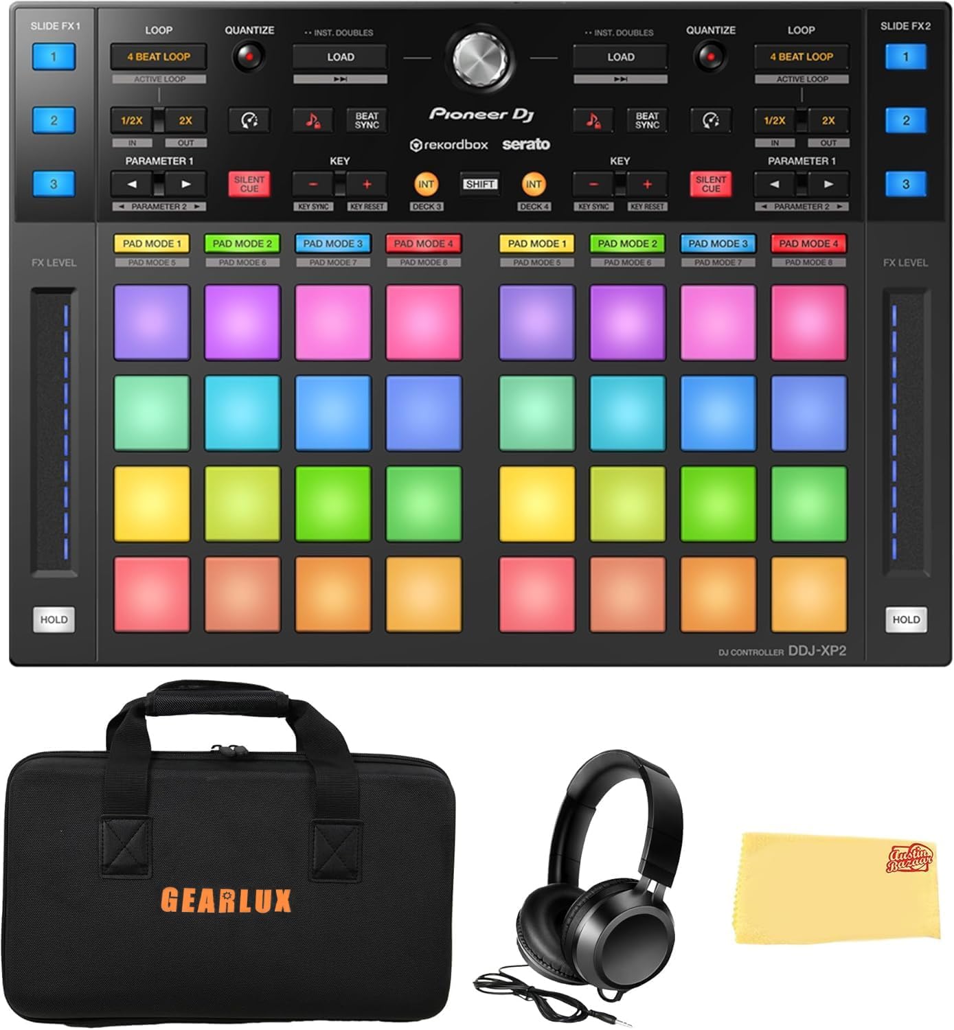 Pioneer DJ DDJ-XP2 Sub-Controller for Rekordbox & Serato DJ Pro Bundle with Case, Headphones, and Austin Bazaar Polishing Cloth