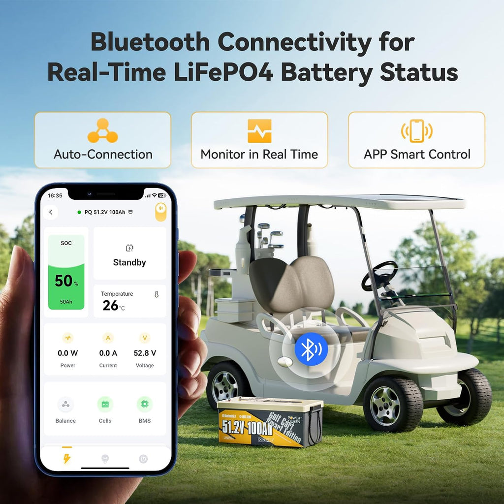 Power Queen 48V 100Ah Lithium Golf Cart Battery, Group 8D LiFePO4 Battery with Bluetooth 5.0, Built-in 200A Smart BMS with Low-temp Protection for 5kW Motor Golf Carts Club Car DS E-Z-Go TXT