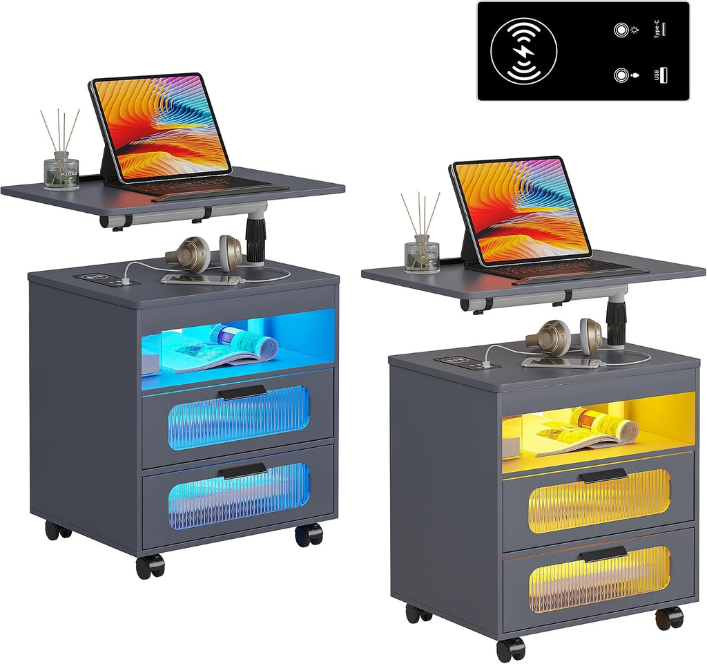 HNEBC LED Nightstand Set of 2 with Charging Station & Adjustable Overbed Desk, 3 Color LED Lights & Body Sensor, Mobile Bedside Table with Wheels, 2 Drawers & Open Shelf for Bedroom(Grey)