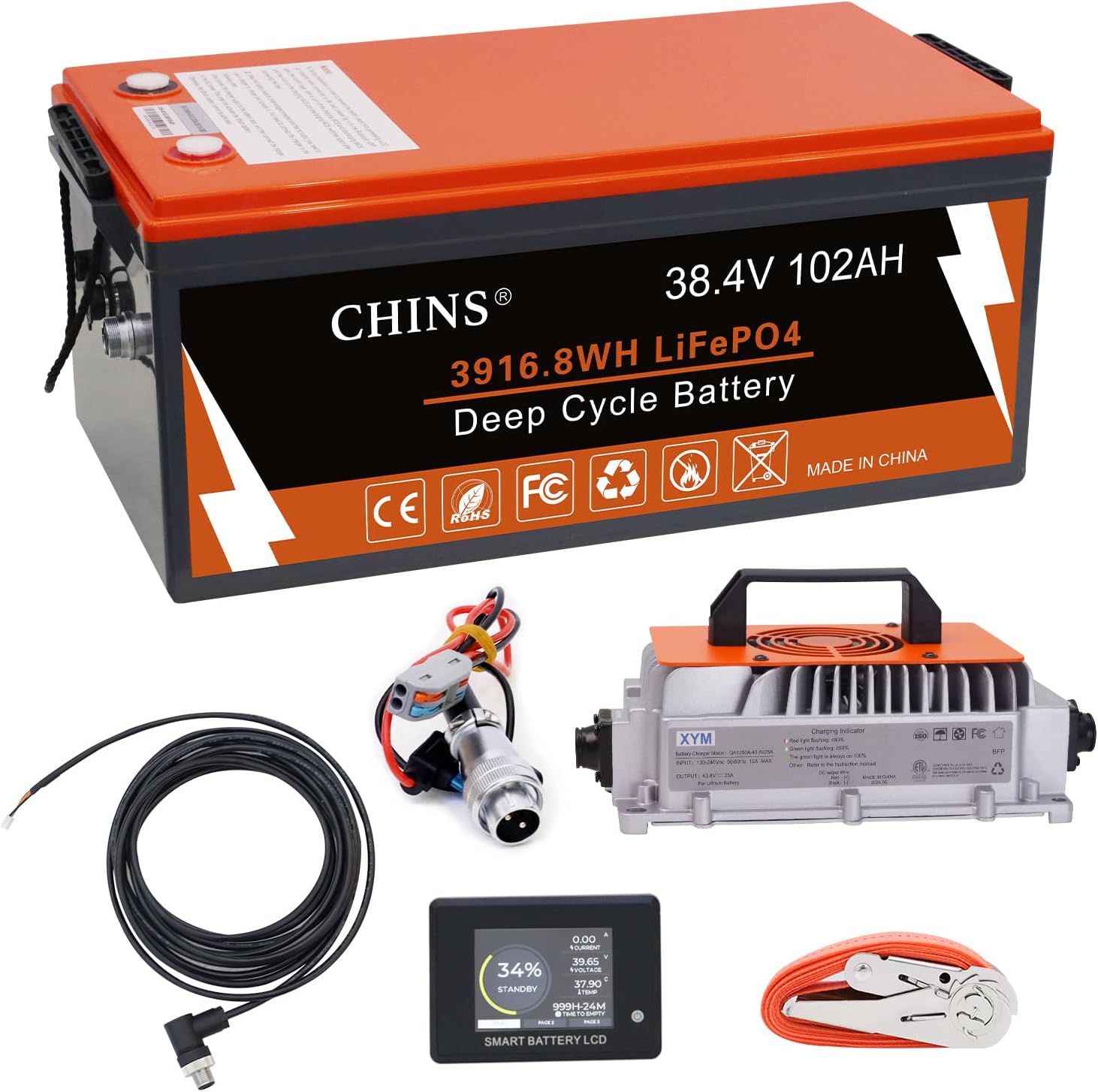 CHINS 36V Lithium Golf Cart Battery, 200A BMS, with Touch Monitor and Retention Strap, 5000+ Cycles 36V 102AH Lithium Battery with Charger Perfect for Golf Carts