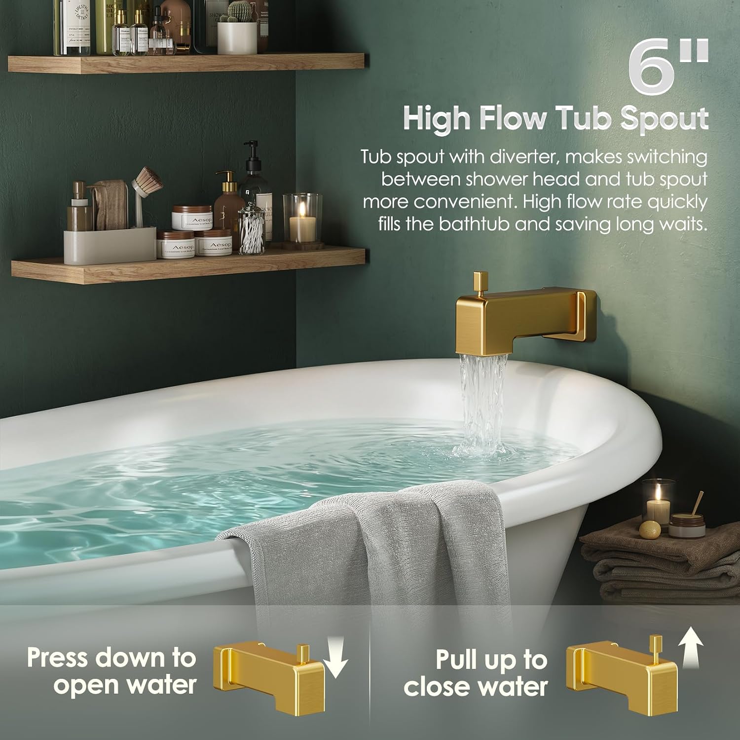 Replacement for Delta Shower Trim Kit Modern 14 Series, All Metal Tub Shower Faucet Set, 6-Inch Brushed Gold Shower Head and Handle Set(Valve and Cartridge Not Included)