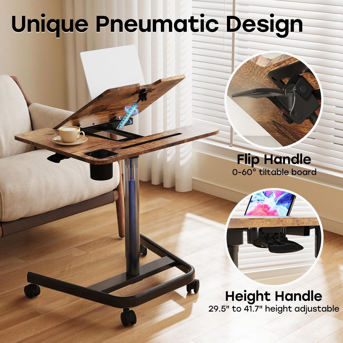 JOY worker Mobile Standing Desk, Height Adjustable Table, 60° Tiltable Rolling Laptop Desk, Portable Sit Stand Desk with Wheels Cup Holder for Bed Couch Hospital, Holds Up to 22lbs, Rustic