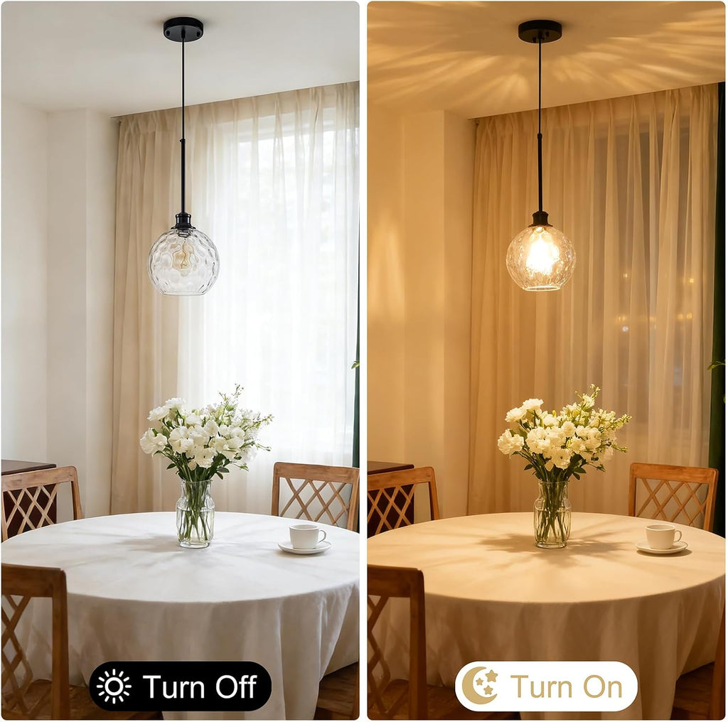 Globe Pendant Light Fixtures, 2 Pack Glass Black Pendant Lights Kitchen Island with 7.8' Clear Hammered Glass, Adjustable Hanging Island Lights for Kitchen Bathroom Sink Entryway Dining Room