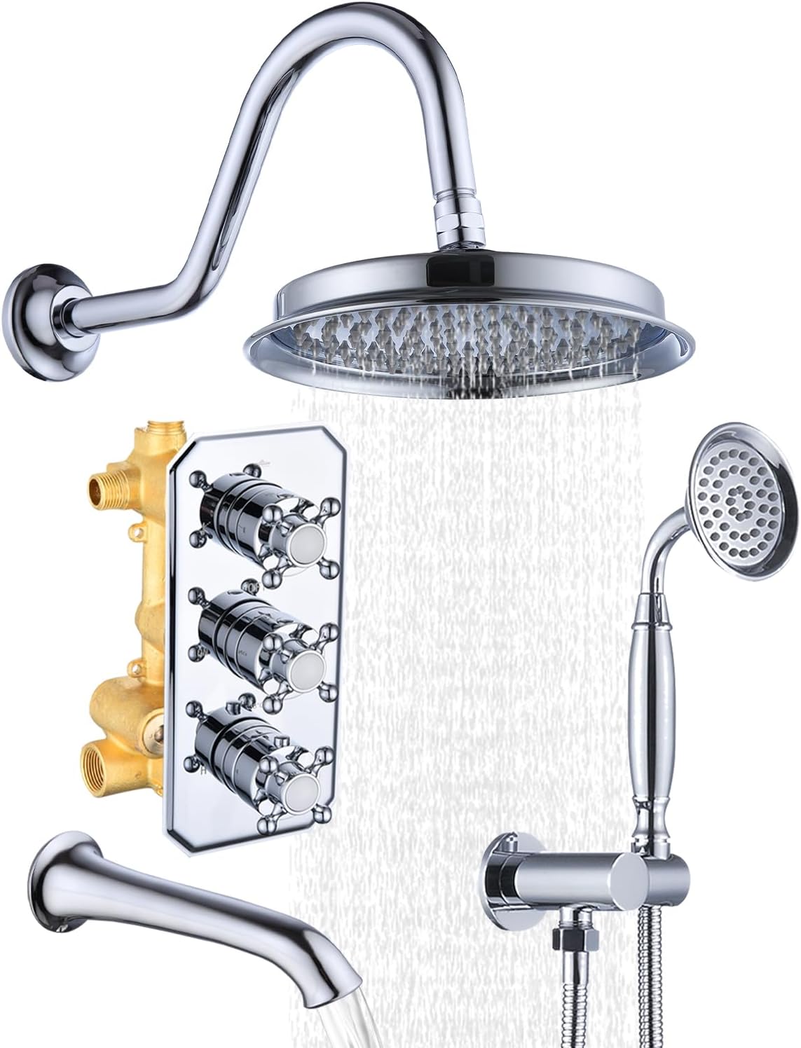 All Metal Thermostatic Shower System with Tub Spout Backnets Wall Mounted Shower Faucet Set for Bathroom with 9 Inch Rain Shower Head and Handheld, Rough-in Valve Body and Trim kit, Polished Chrome