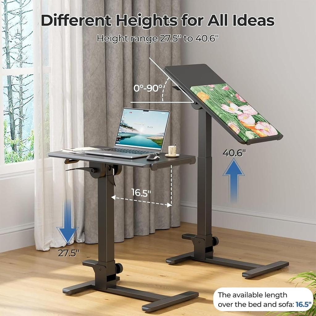 Foldable Mobile Standing Desk, 27 Inch Small Rolling Laptop Cart Height Adjustment, 90° Tiltable Sofaside Table, No Assembly Needed Portable Computer Workstation, Black