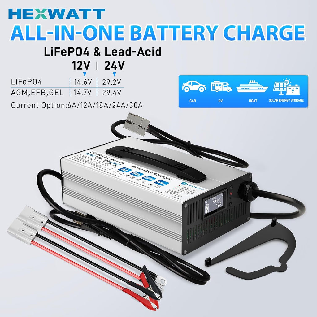 12V/24V LiFePO4 & AGM All in One Battery Charger Adjustable Current 6A-30A LiFePO4 14.6V 30A,29.2V 30A,Lead-Acid,AGM,Gel Fast Smart Battery Charger for Car,RV,Boat,Truck,Solar System