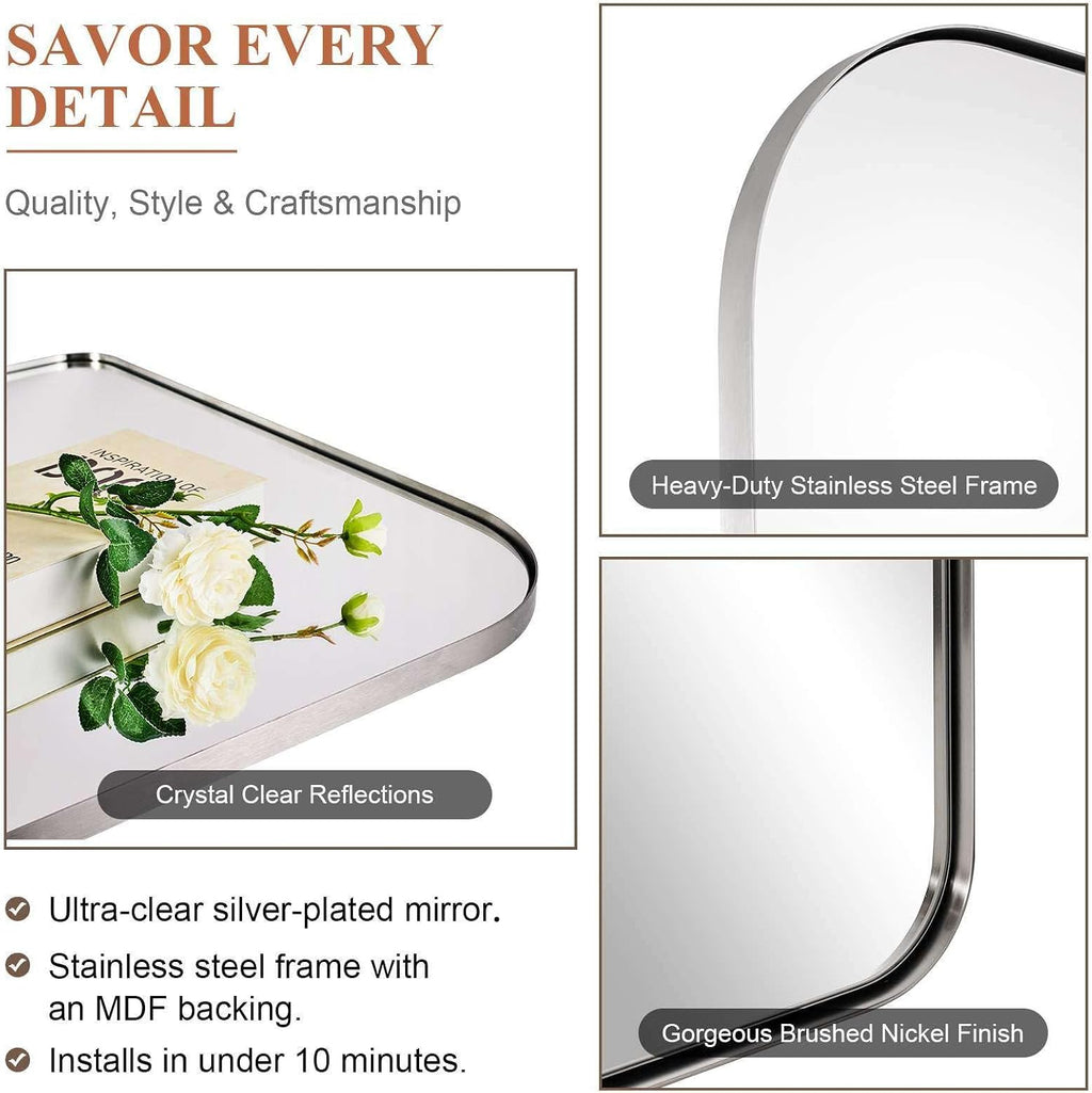 ANDY STAR Brushed Nickel Bathroom Mirror 30x40, Large Silver Rounded Rectangular Wall Mirror, Horizontal Stainless Steel Metal Frame for Over Sink, Fireplace Mantel, Wide Vanity, Rust-Resistant